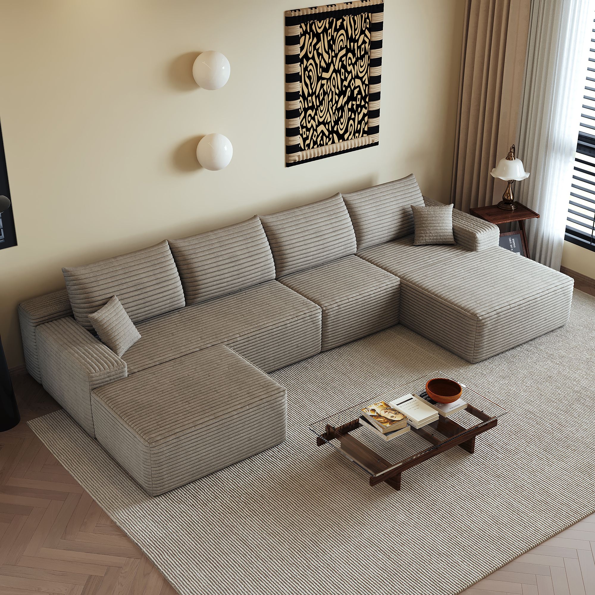 Canapé d'angle 340x175x83 cm en velours côtelé camel, structure modulaire sans montage, assise profonde et mousse haute élasticité pour salon moderne
