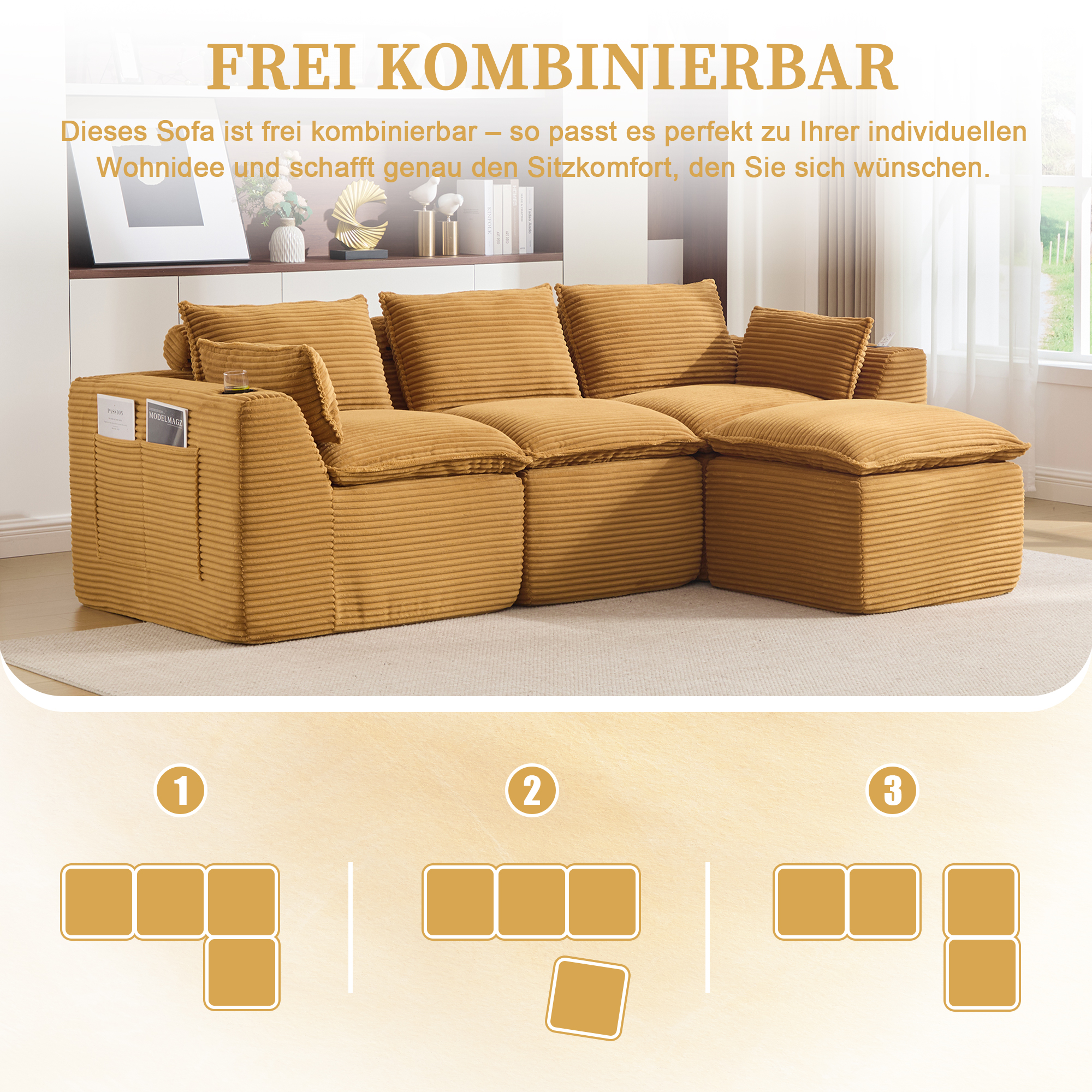 Canapé modulable 3 places avec pouf, porte-gobelets et 2 poches latérales pratiques pour le salon