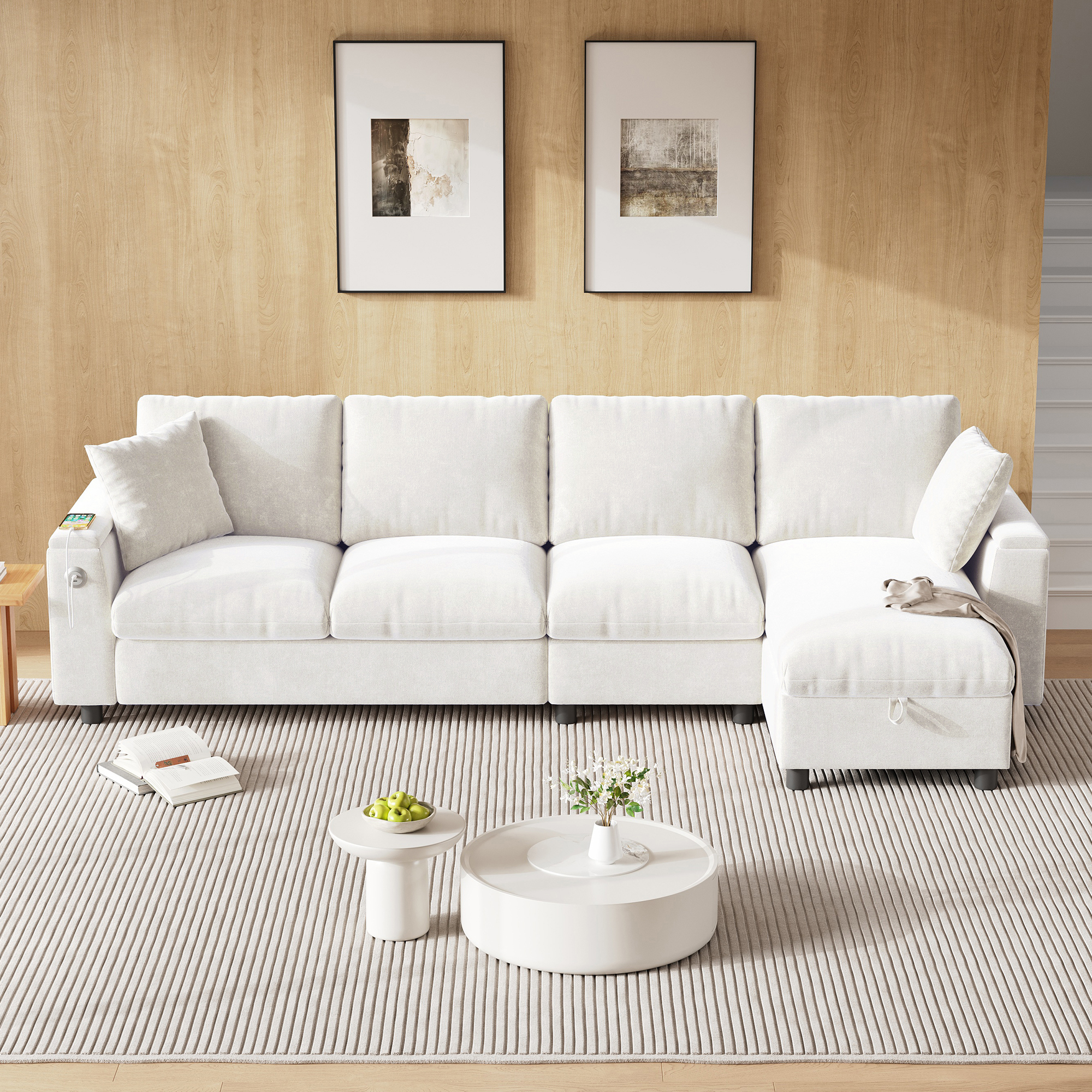 Canapé d'angle convertible en tissu chenille beige, structure métal et bois massif avec coffre