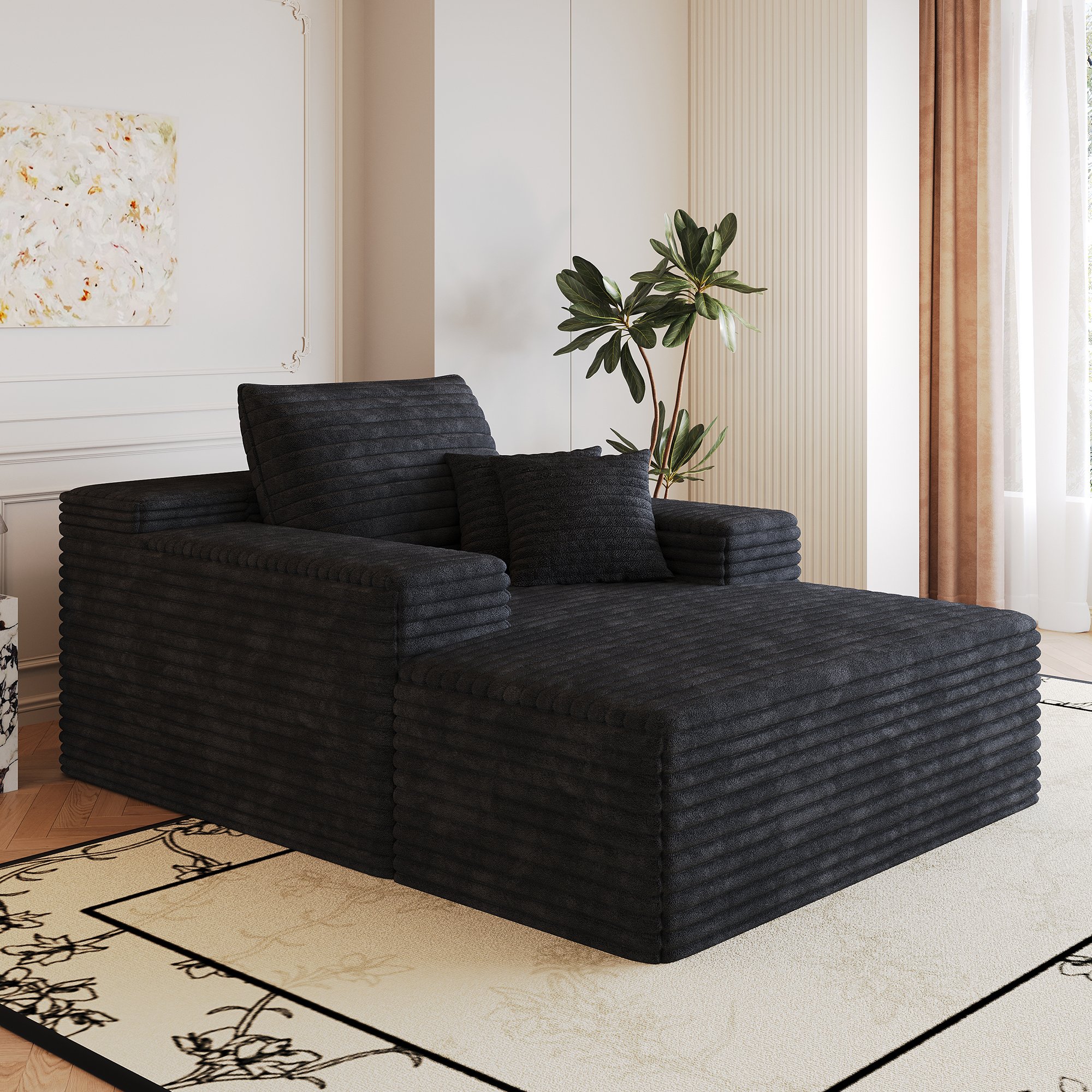 Canapé droit noir 115x159 cm en velours côtelé sans montage, assise profonde et mousse haute élasticité pour salon ou chambre