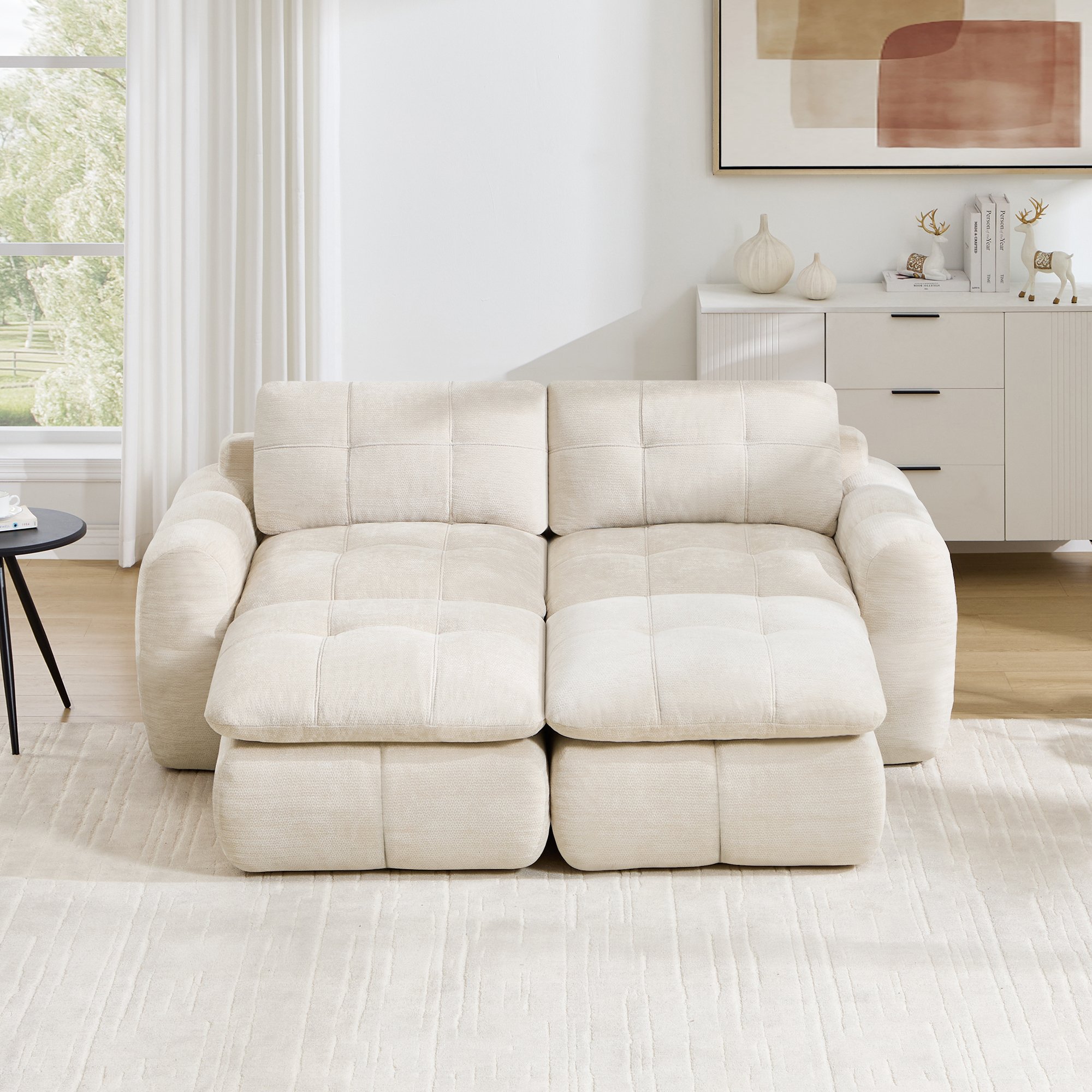 Canapé Modulable 2 Places Beige en Chenille, Design Nuage Sans Cadre avec 2 Ottomans Inclus pour Salon et Appartement