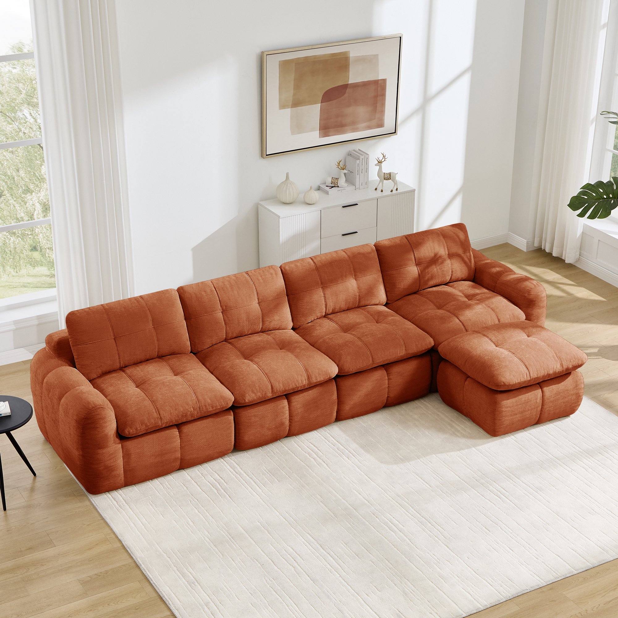 Canapé modulable 4 places en forme de L sans cadre, tissu chenille orange, assise large et profonde pour salon moderne