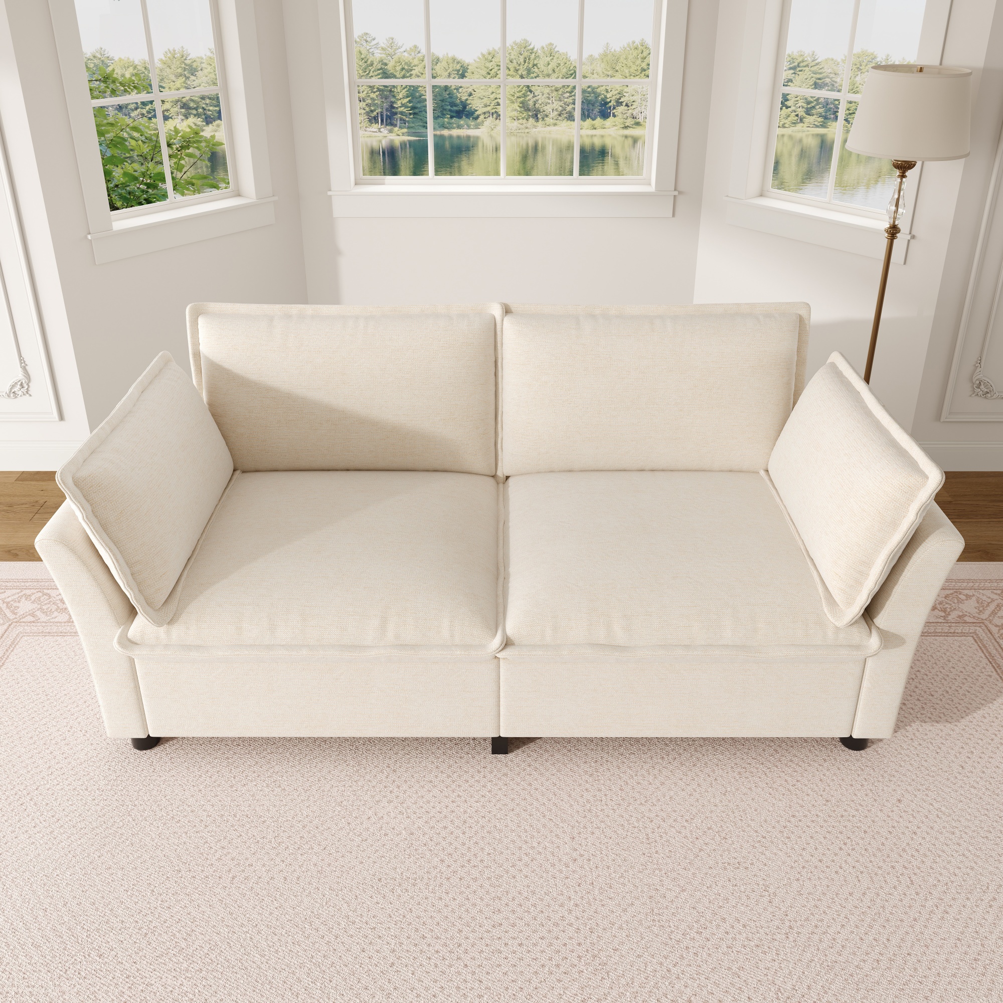 Canapé 2 places en tissu chenille beige, structure métal et bois massif, assise mousse et ressorts