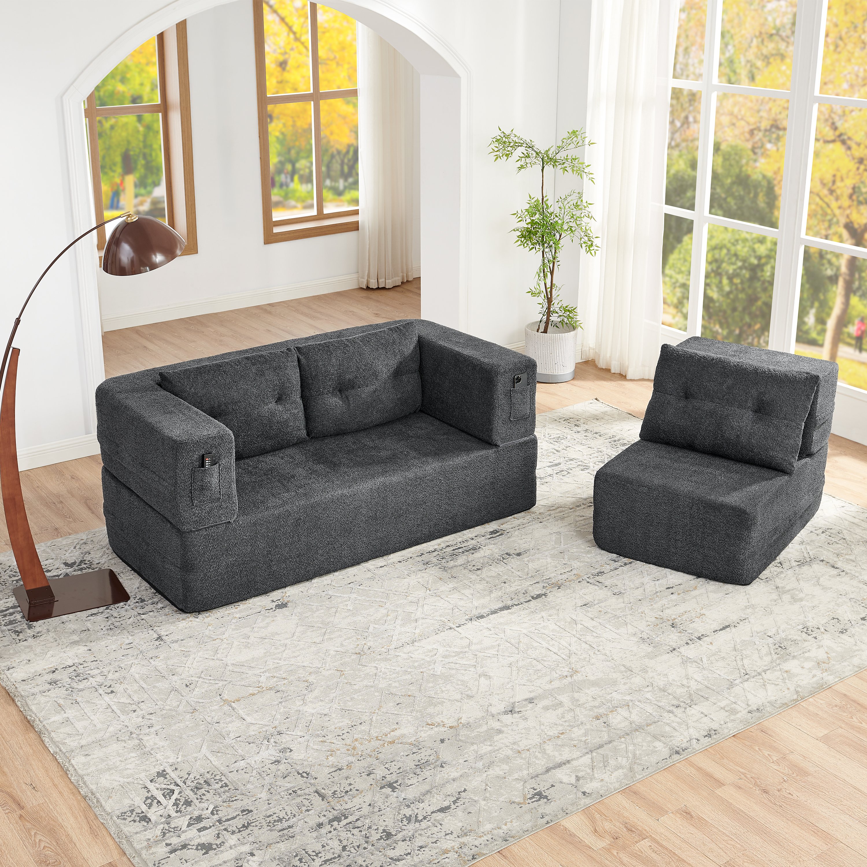 Fauteuil Convertible Modulable Tissu Gris Foncé, Canapé Lit Pliable avec Rangement Intégré et Poches Latérales pour Salon Moderne
