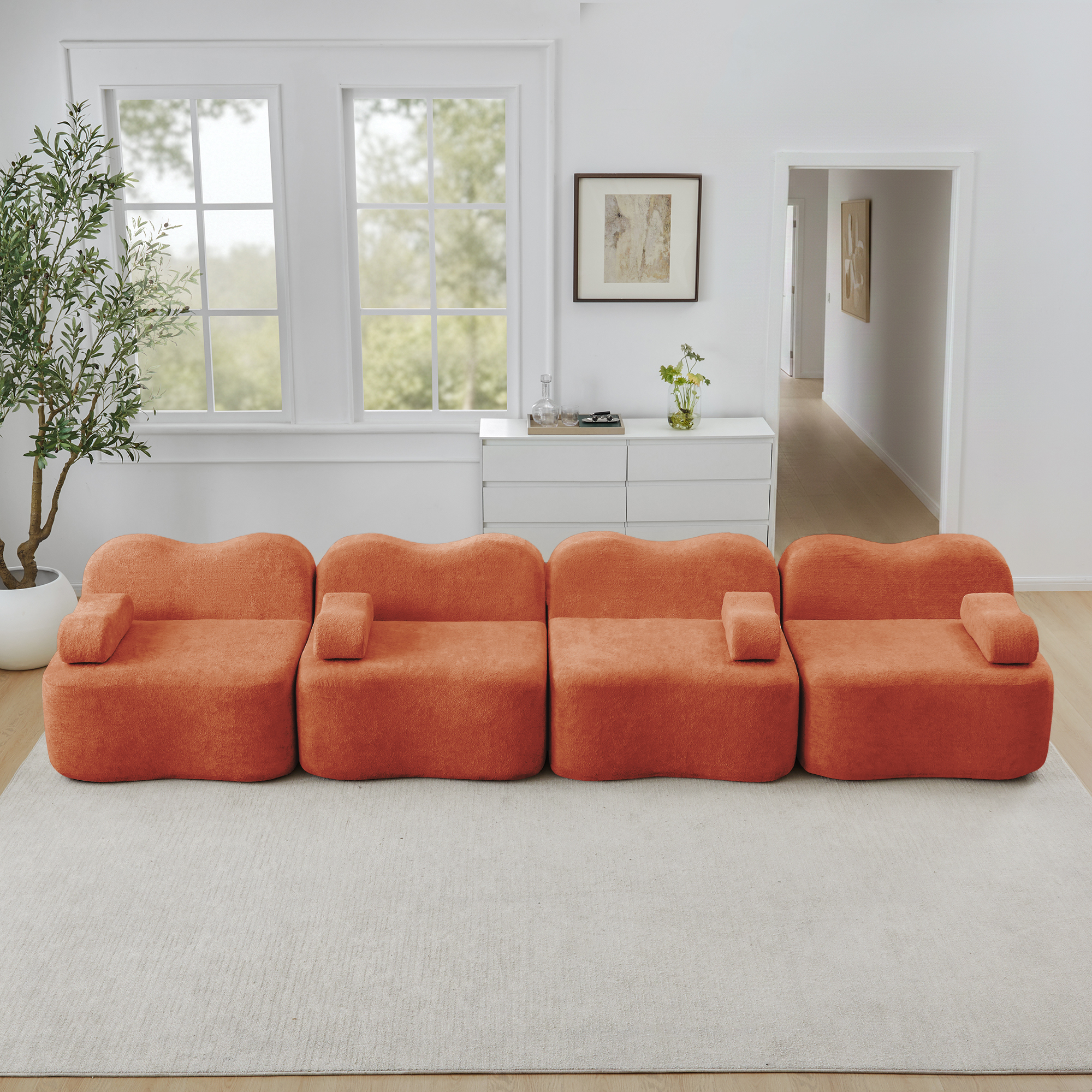 Canapé Modulable 4 Places avec Rangement Intégré, Assise Profonde et Coussins d'Accoudoirs Mobiles pour Salon Contemporain