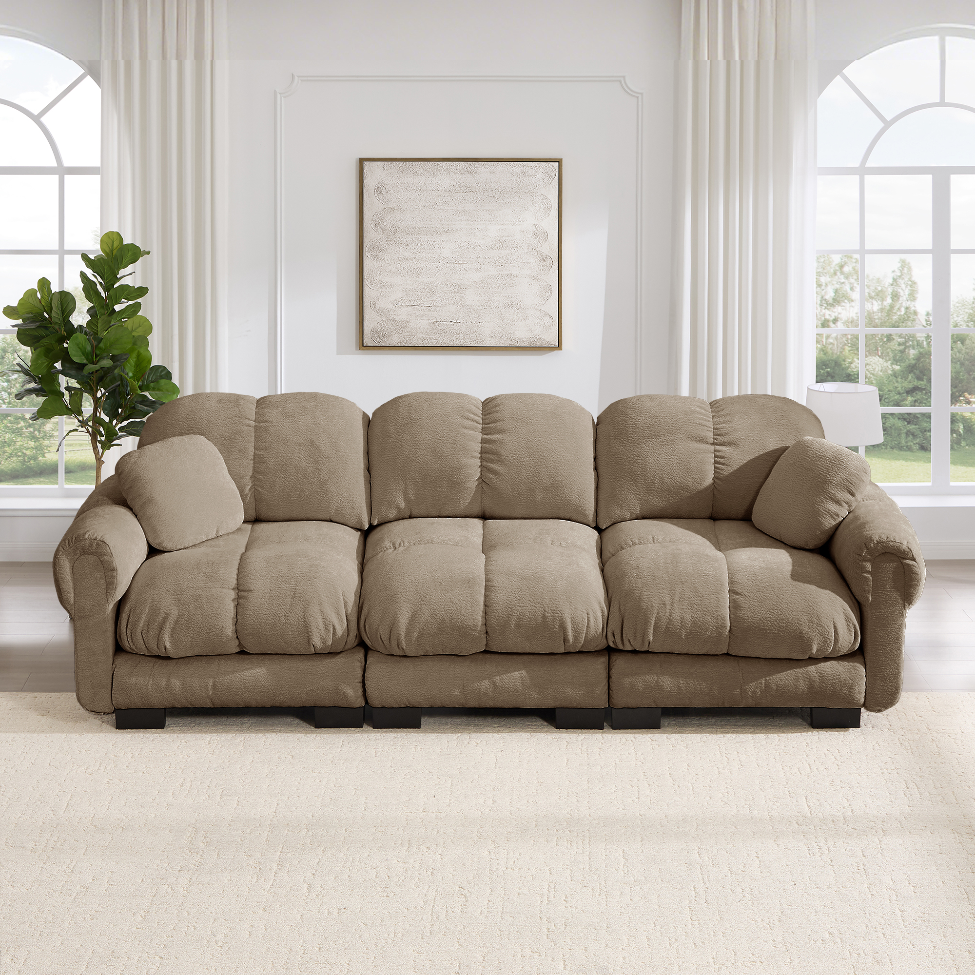 Canapé Modulable 3 Places en Tissu Chenille Marron, Design Contemporain avec Coussins Décoratifs et Structure Renforcée pour Salon Moderne