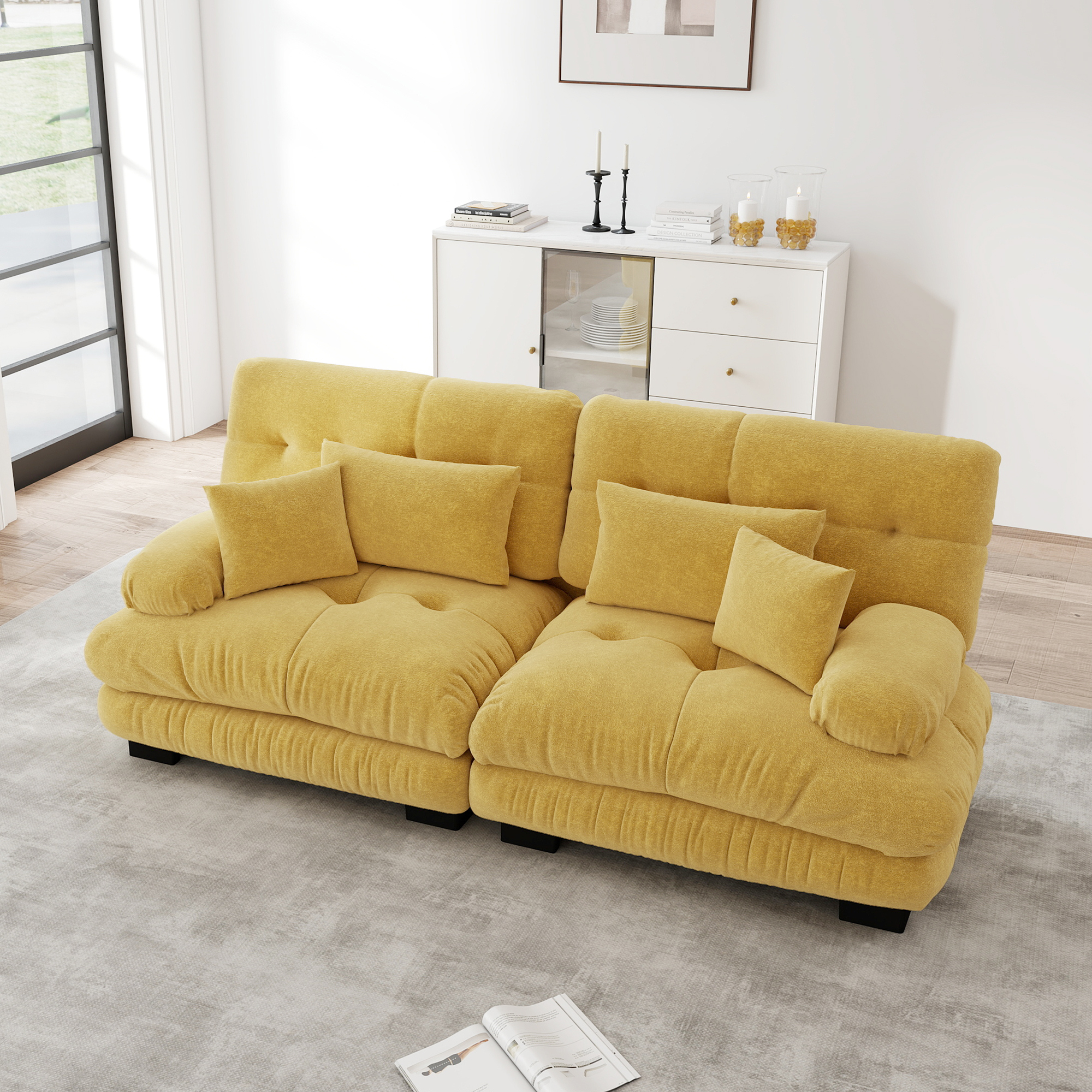 Canapé d'angle modulable en tissu chenille jaune, double sofa avec dossier bas et accoudoirs ronds, cadre en bois massif, idéal salon