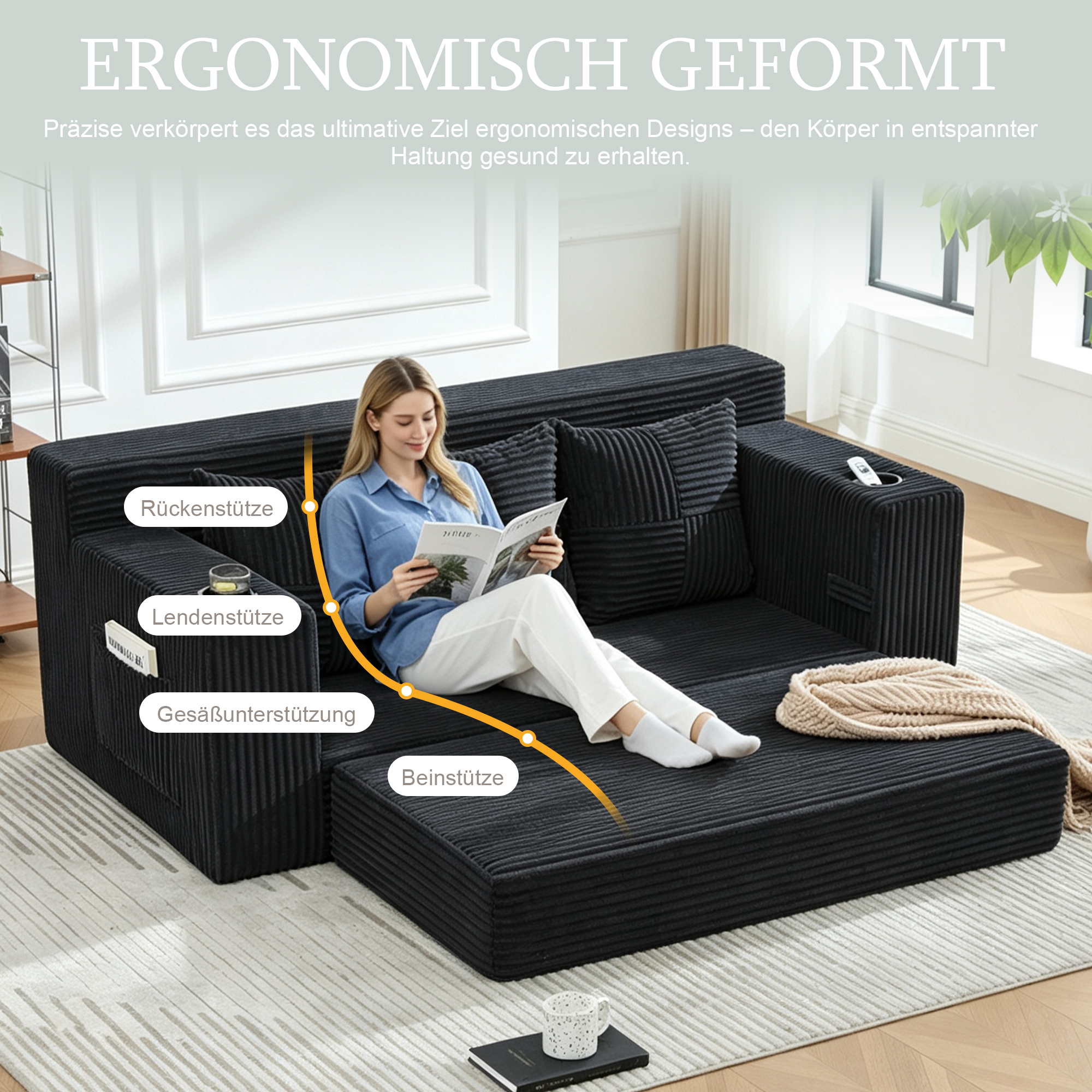 Canapé Modulable Noir 172x87x64 cm, Hauteur d'Assise 40 cm, Capacité 150 kg, Structure Modulaire sans Accoudoirs pour Studio