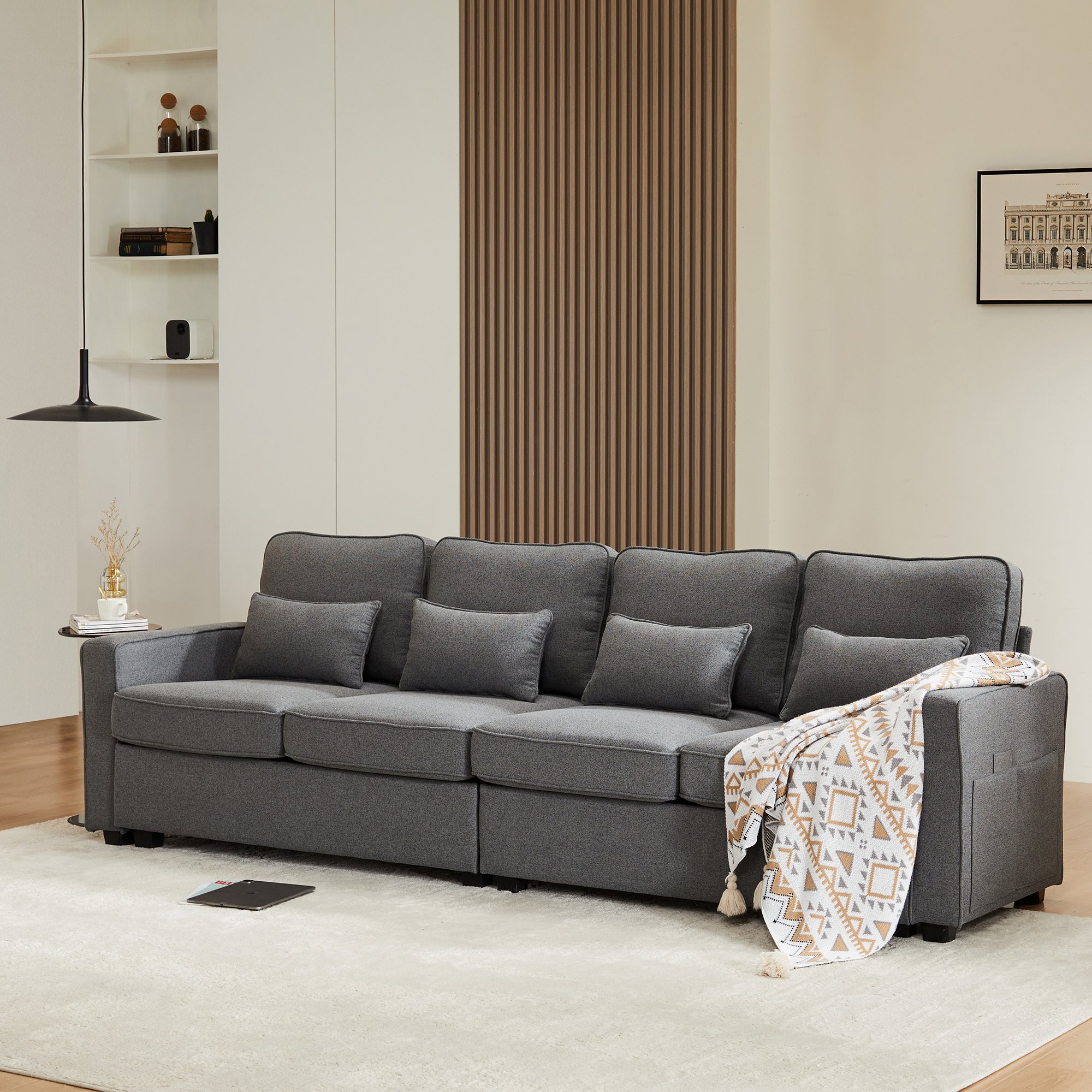 Canapé 4 Places Gris Foncé Tissu Lin Optique avec Poches Accoudoirs et 4 Coussins Lombaires pour Salon Moderne