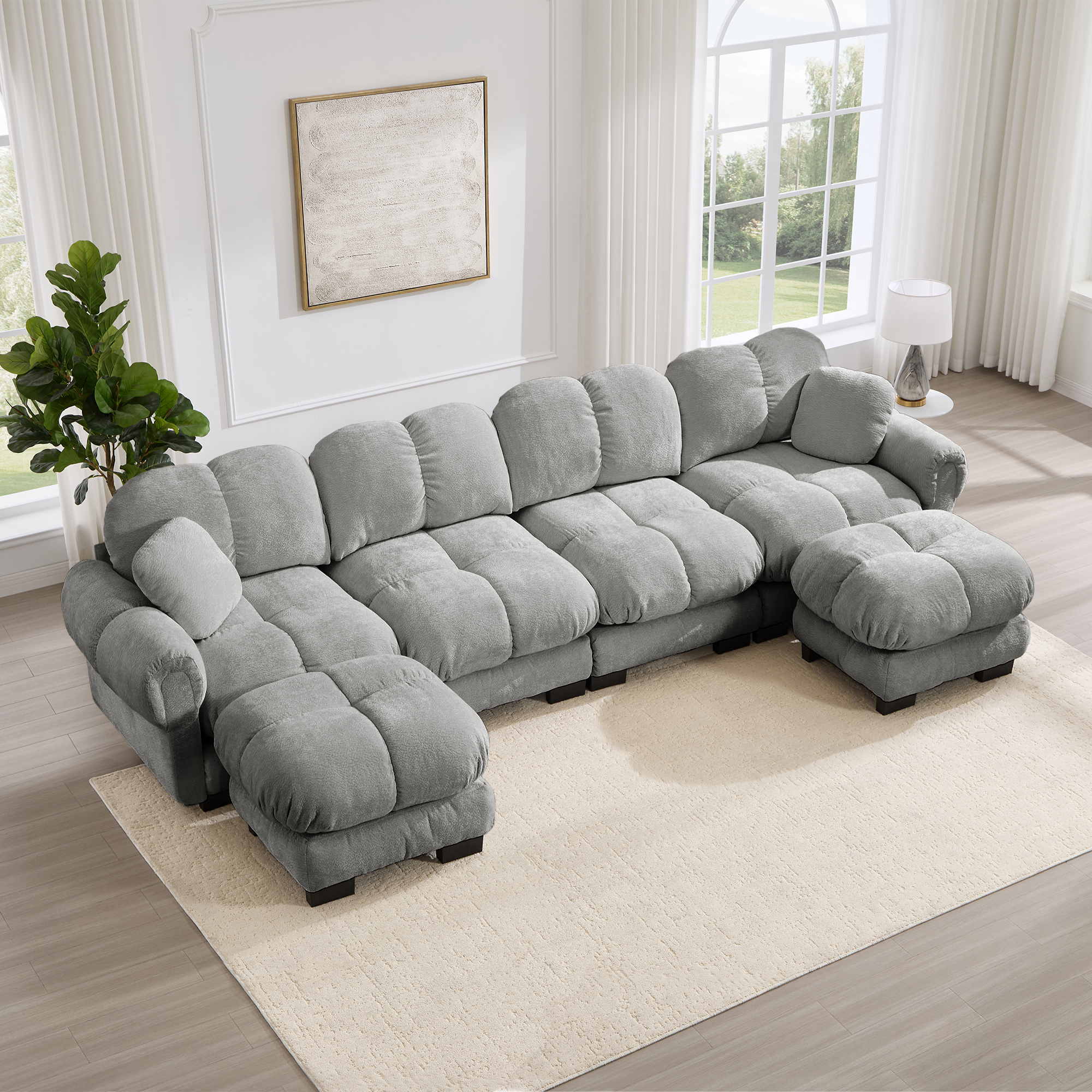 Canapé Modulable 4 Places En U Avec Ottoman Mobile, Tissu Chenille Gris Clair, Design Moderne Ergonomique Pour Salon Spacieux