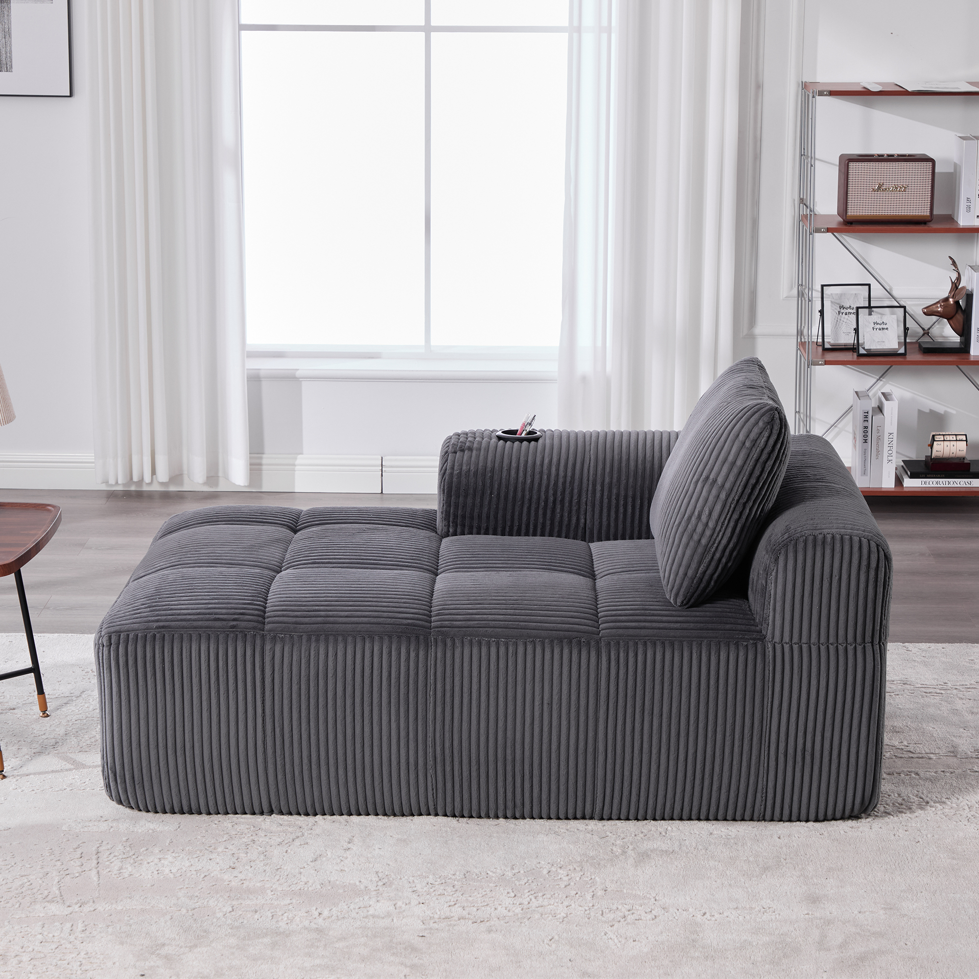 Canapé 2 places en velours côtelé gris foncé, mousse haute densité et ressorts intégrés avec porte-gobelets