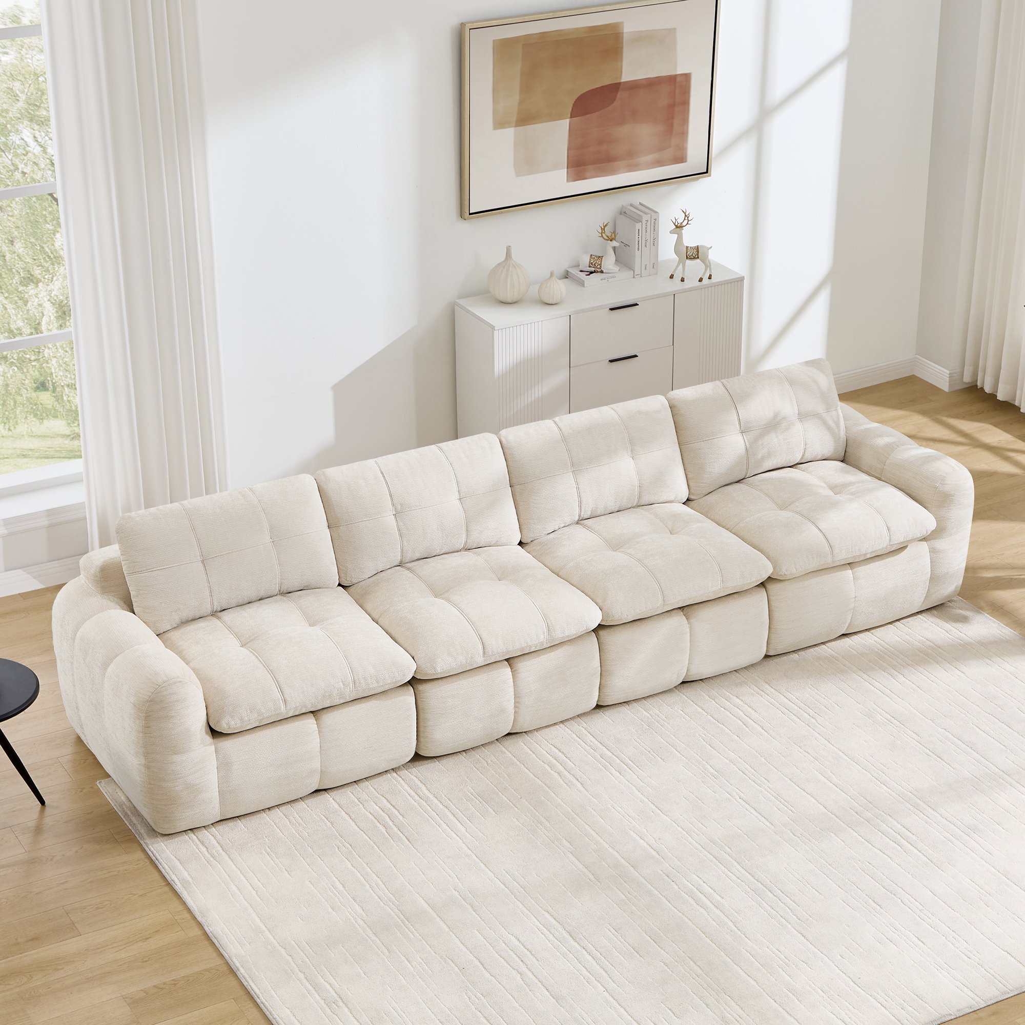 Canapé modulable sans assemblage 4 places chenille beige mousse dense pour appartement location meublée
