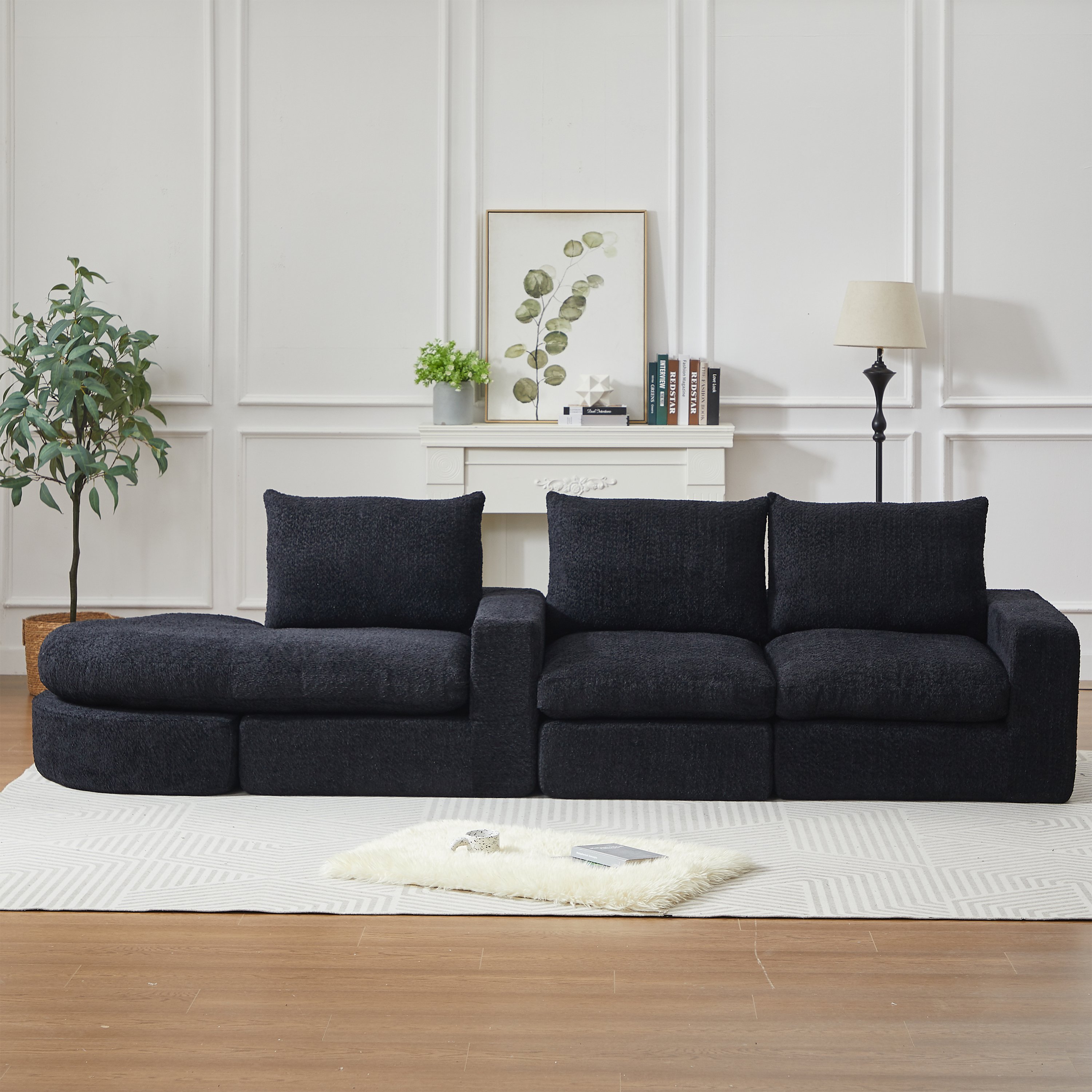 Canapé Modulable Noir Chenille Sans Structure, Mousse Haute Densité, Confort Ergonomique et Design Contemporain pour Salon Moderne