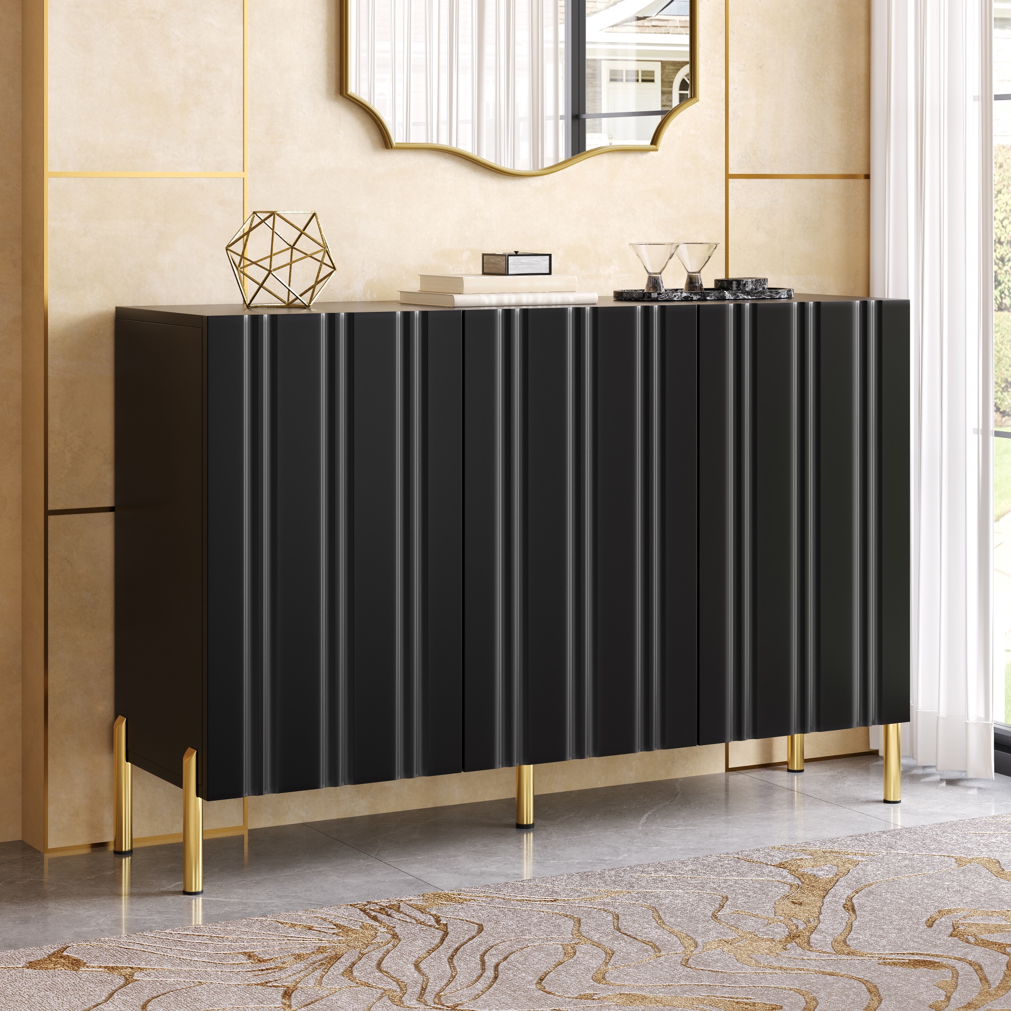 Buffet Noir Moderne 120cm, Meuble Rangement Entrée Design Sans Poignée avec Étagères Réglables et Pieds Dorés