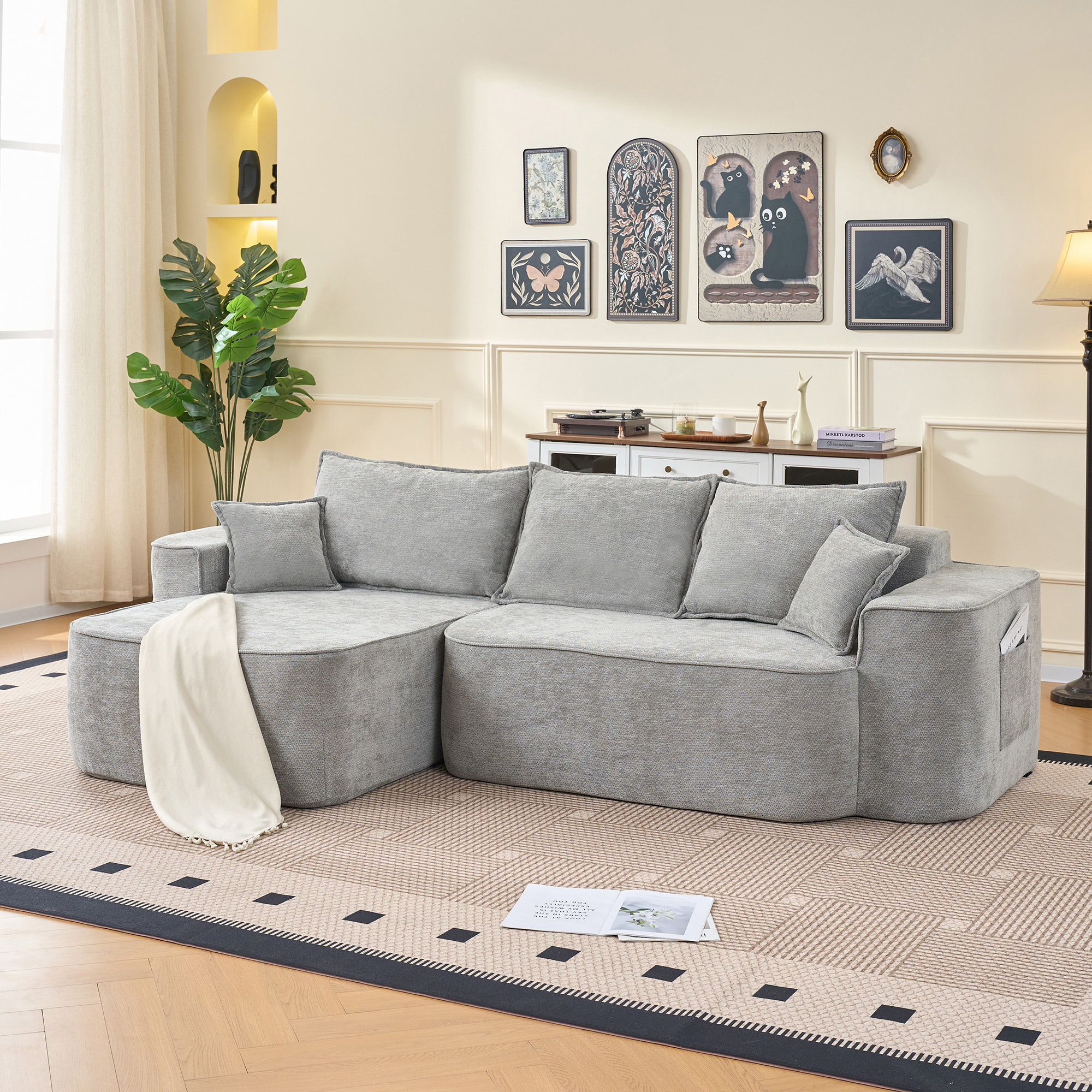 Canapé d'angle Méridienne XXL Gris Chenille 262x144 cm Profond Sans Montage Salon Moderne