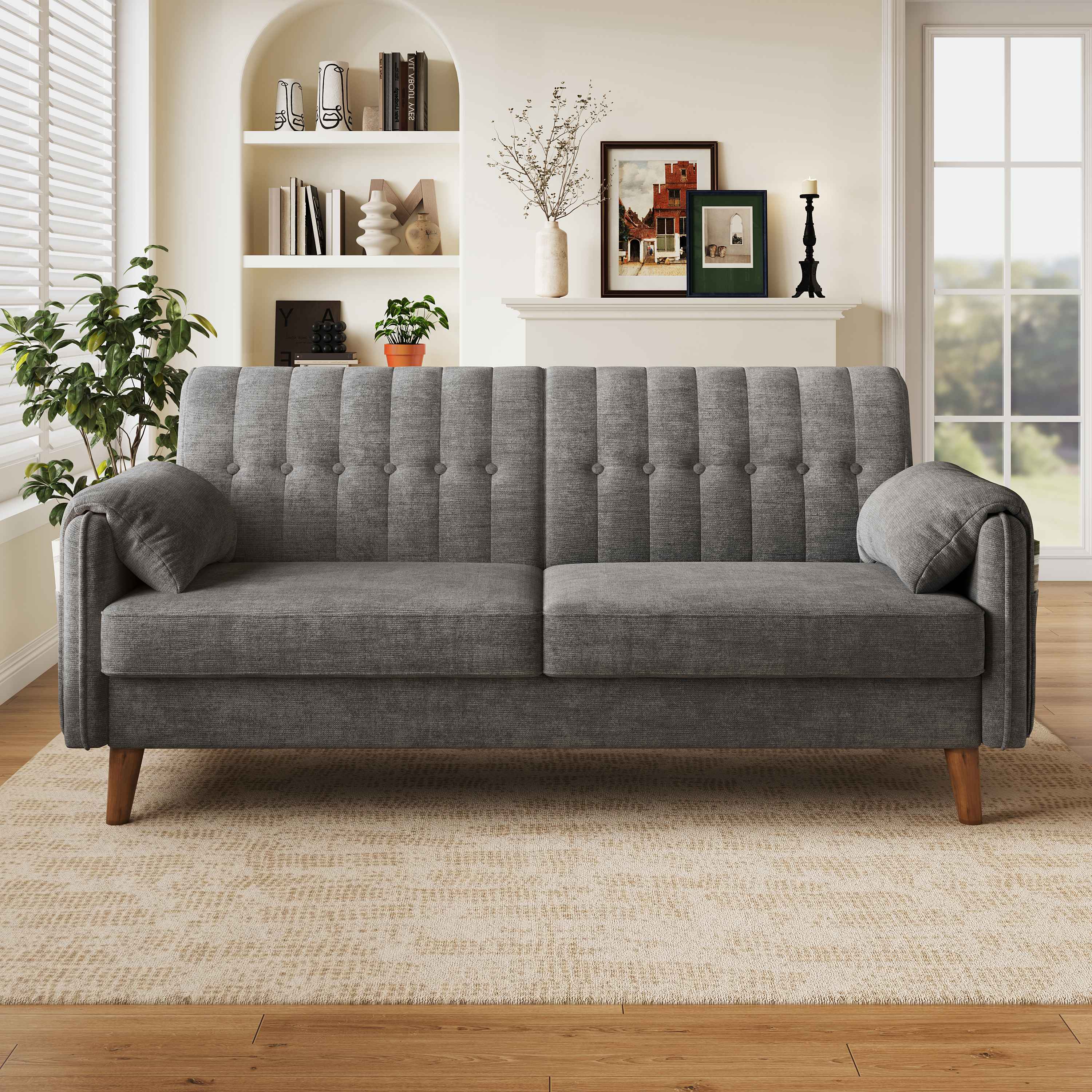 Canapé 2 places tissu chenille polyester, cadre fer et bois massif, coussins PP coton, design moderne compact pour chambre ou studio