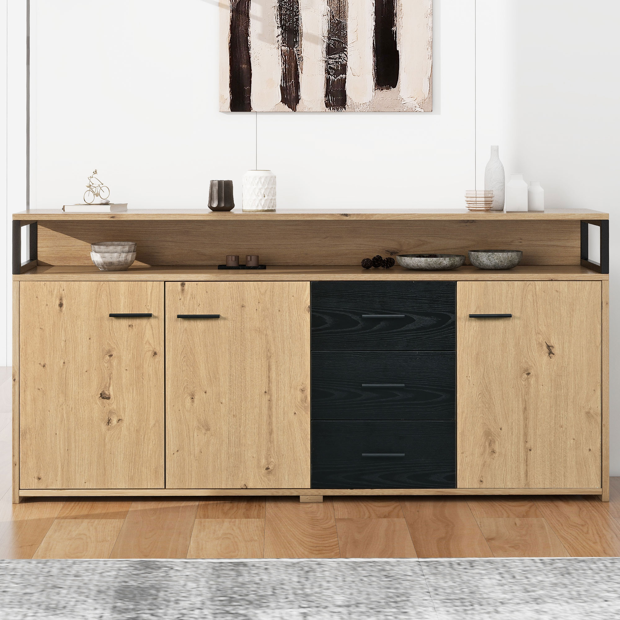Buffet de cuisine en panneaux de particules avec poignées métalliques, Structure robuste 150x35x75,9 cm noir