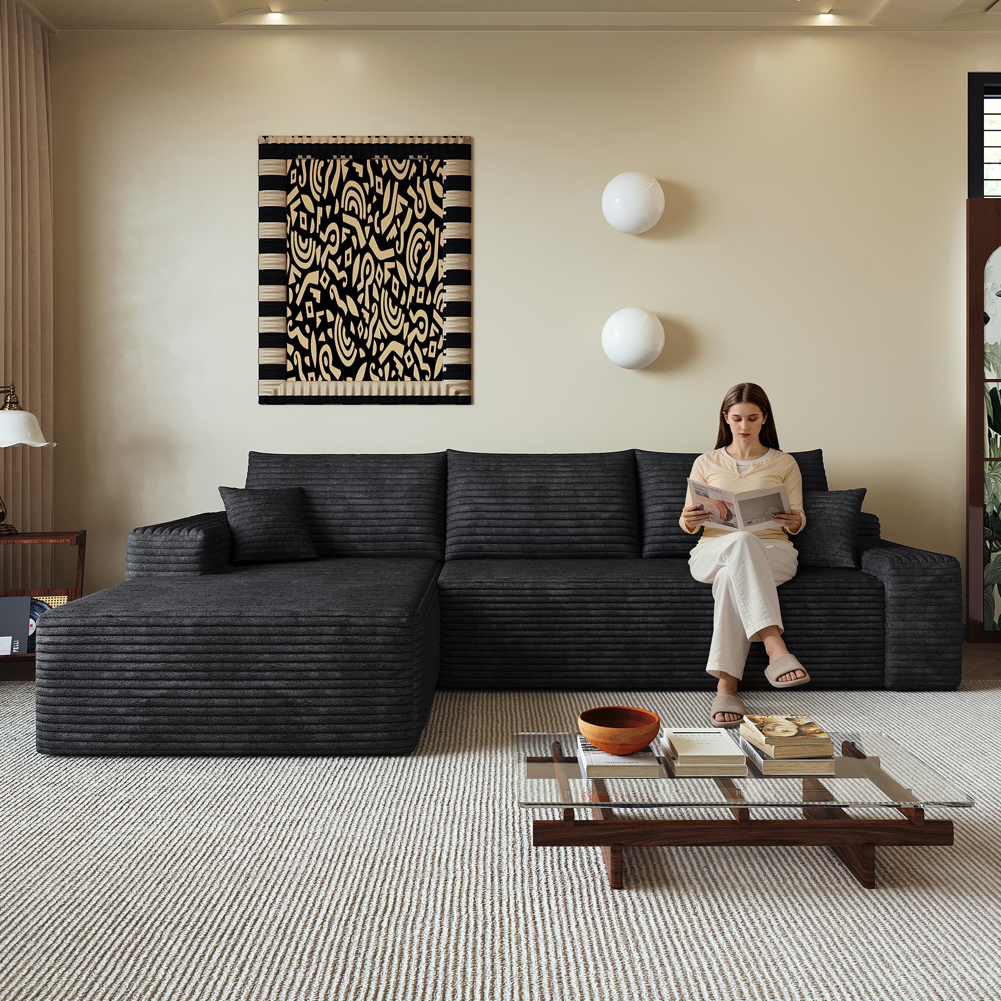 Canapé d'angle noir 270x175cm en tissu côtelé, structure modulaire sans montage, assise profonde pour salon moderne