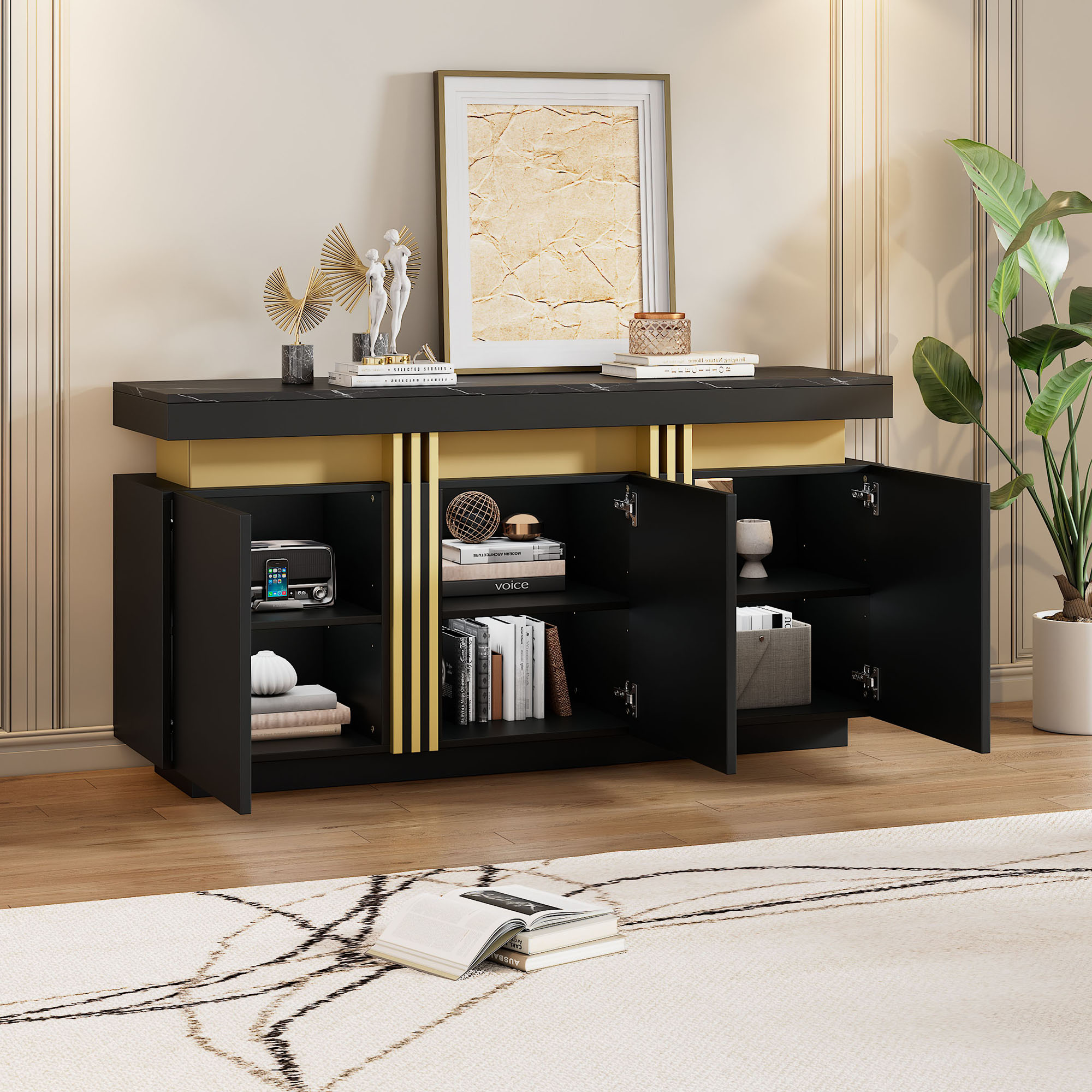 Buffet Salle à Manger Noir 140x38x70 cm, Meuble Bas 3 Portes avec Rangements Modulaires et Plateforme Supérieure pour Décoration