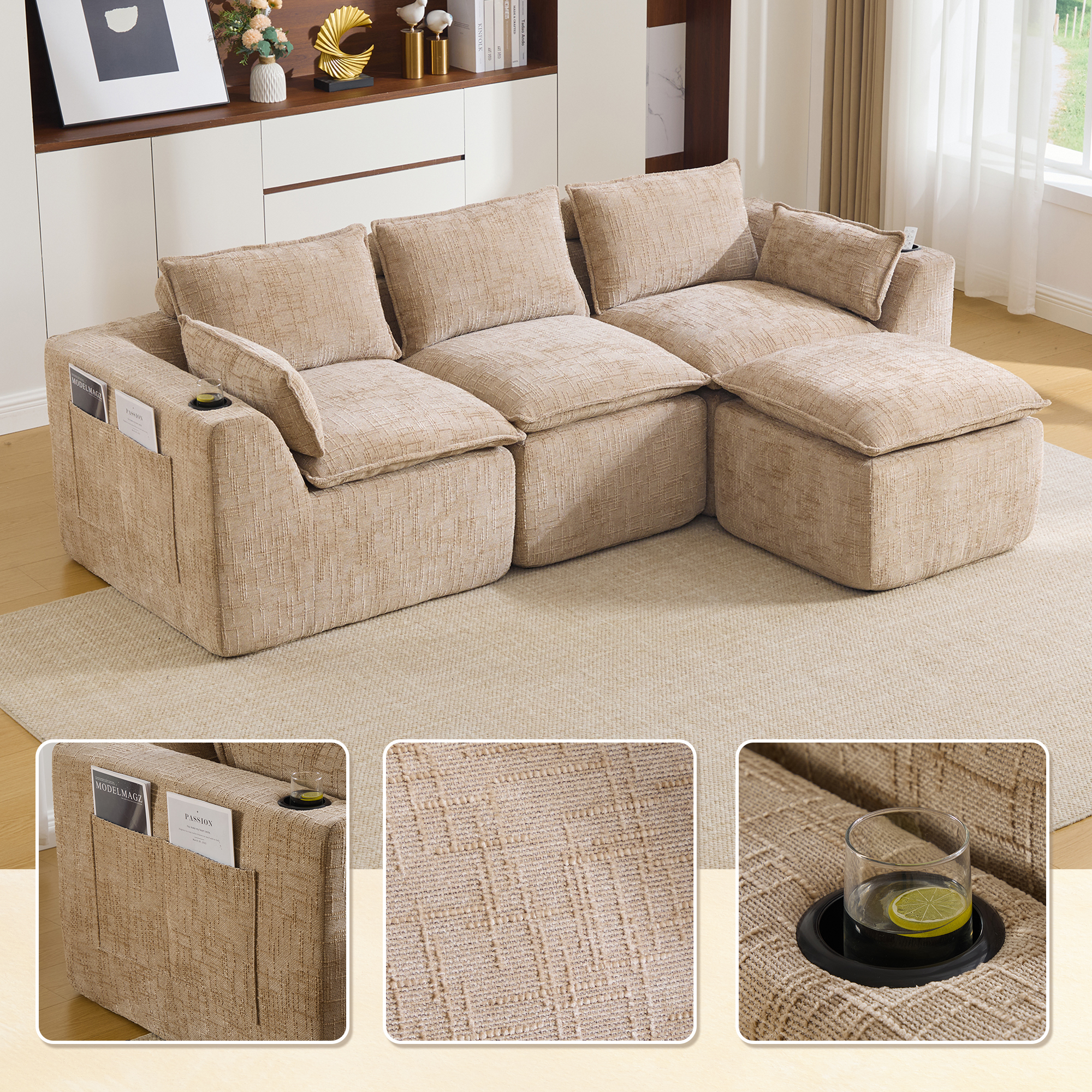 Canapé modulable 3 places en chenille kaki avec pouf, coussins, porte-gobelets et poches latérales