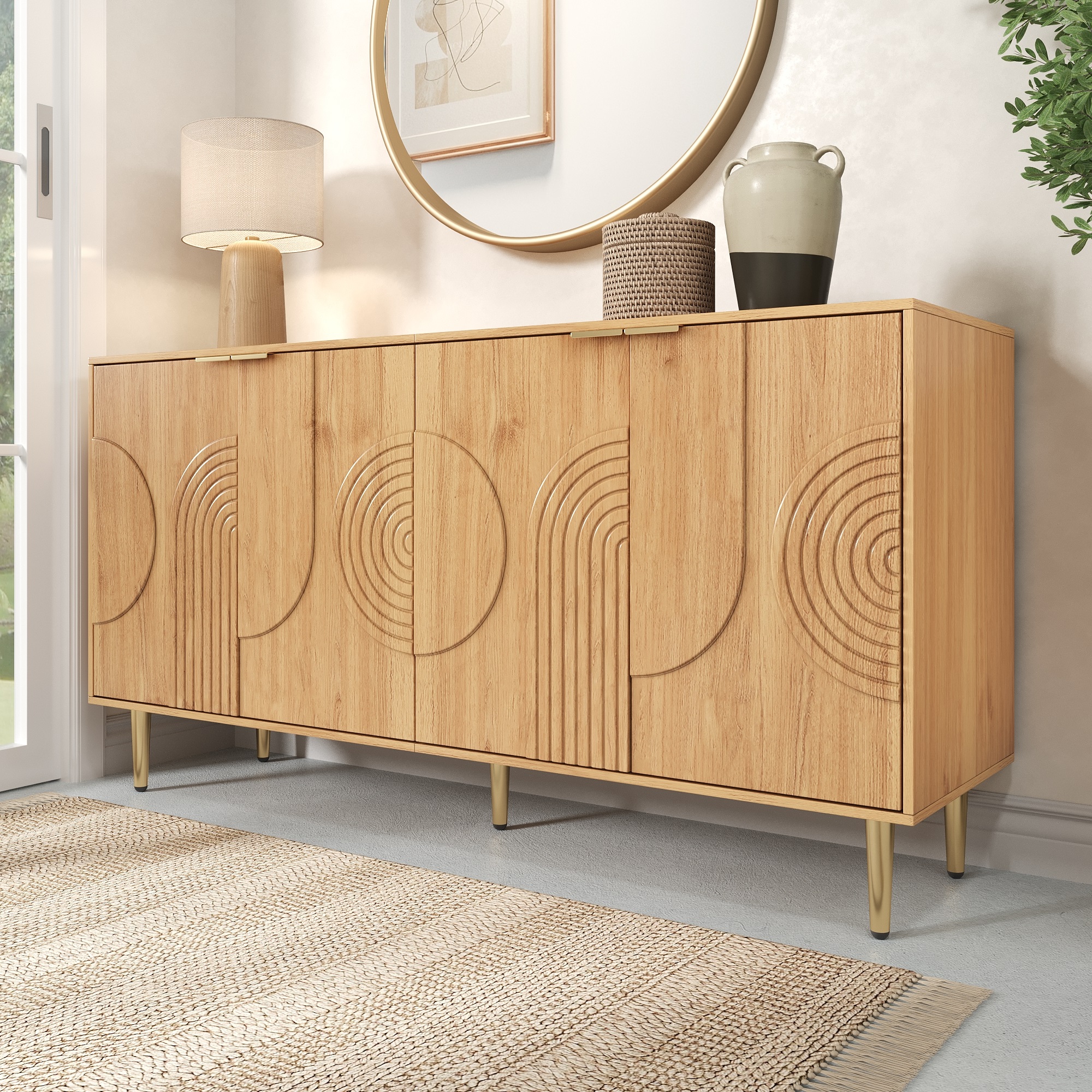 Buffet Contemporain Panneau composite de fibres de bois à densité Naturel 140x40x72 cm 4 Portes Relief Circulaire Étagères Réglables