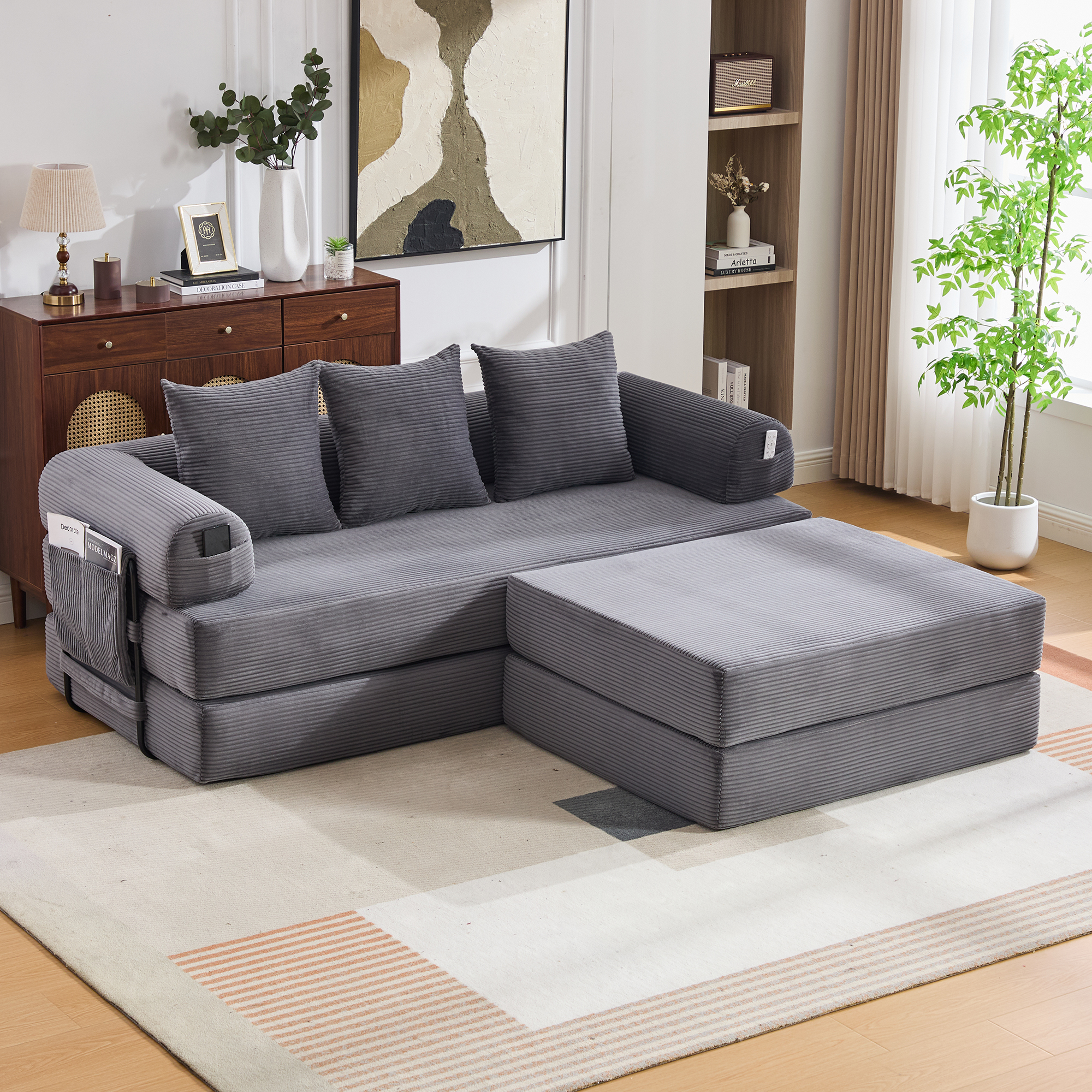 Canapé d'angle convertible modulable pour petit salon avec hocker, 3 coussins et pochette latérale