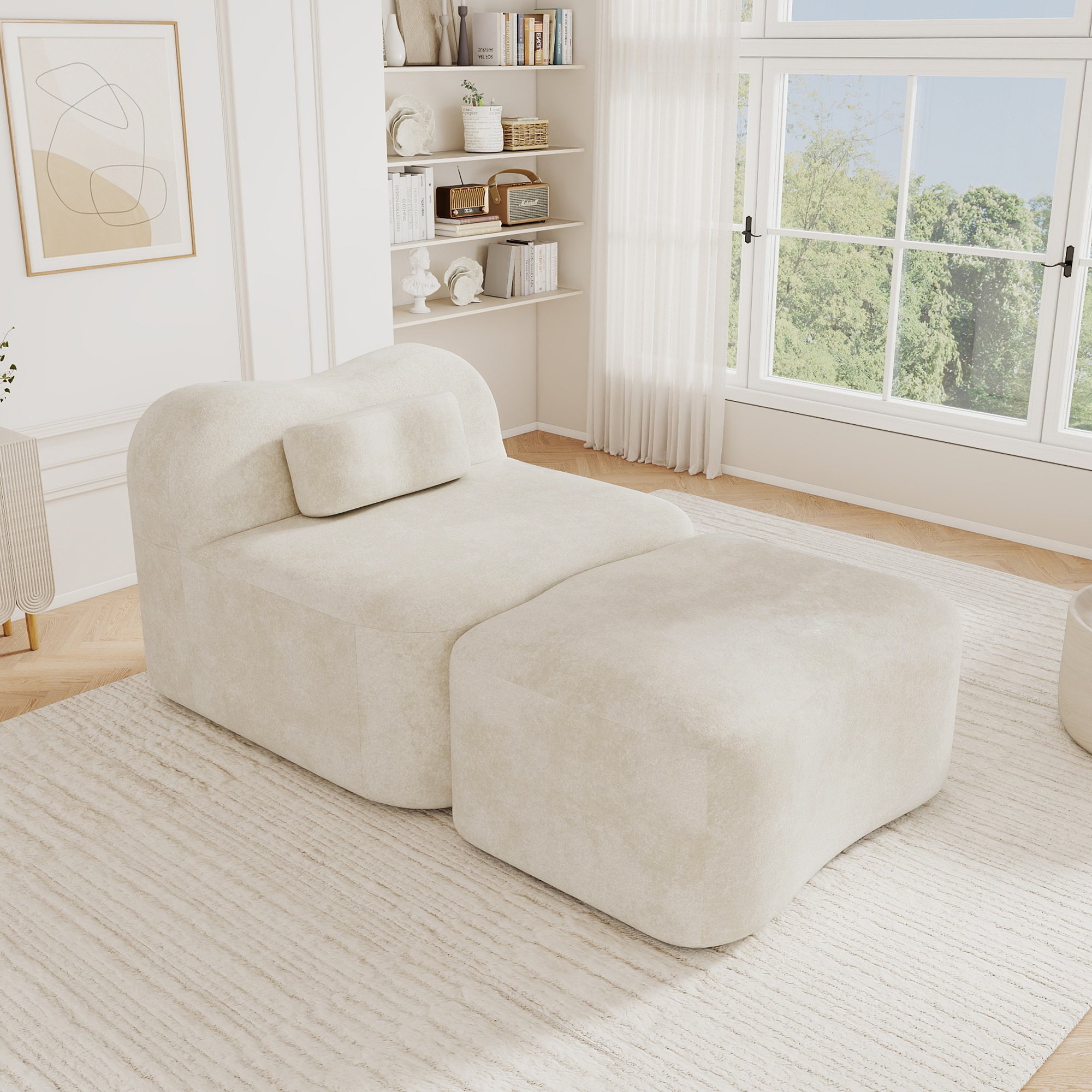 Canapé Confort Mousse Haute Densité 32D avec Pouf Intégré, Structure Sans Cadre Flexible et Ergonomique pour Détente Quotidienne