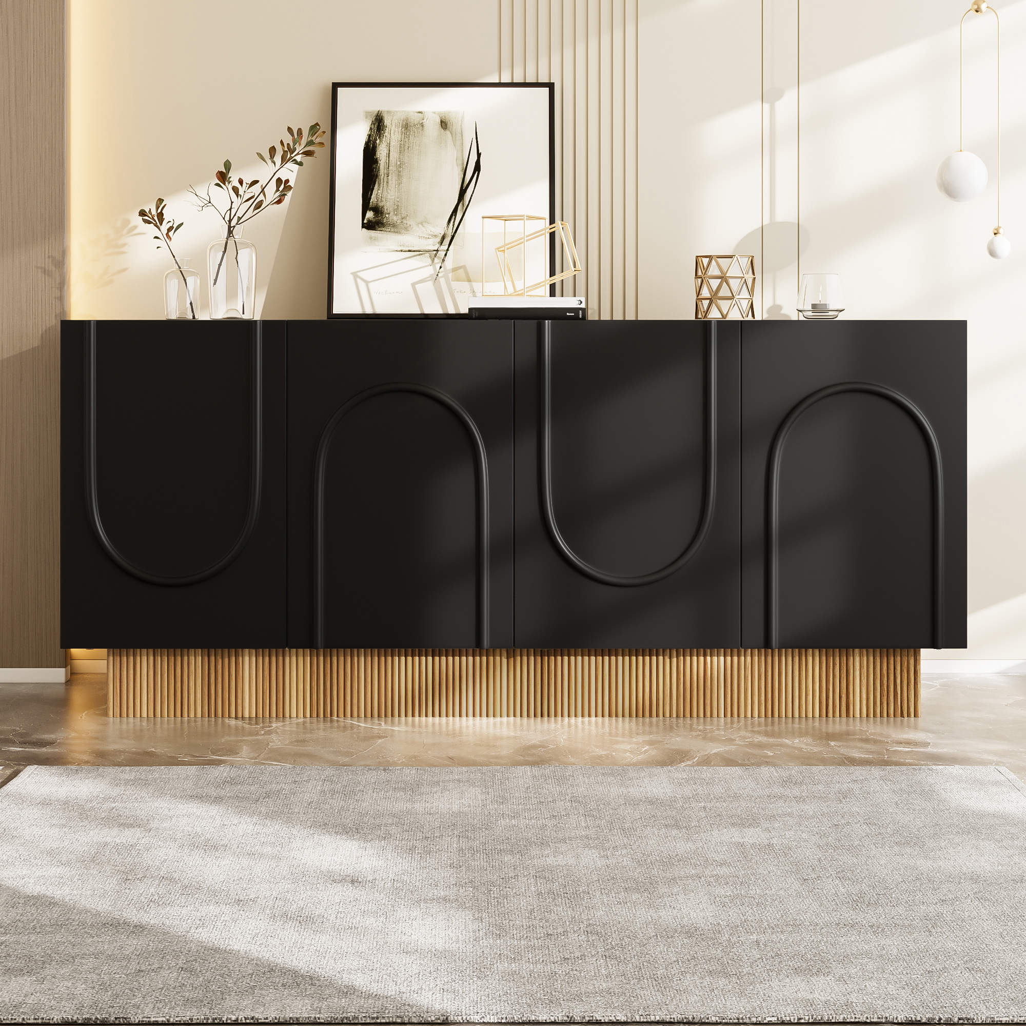 Buffet Moderne 4 Portes Noir, Meuble de Rangement Salon 160x75x38 cm, Grand Compartiment Stockage Organisé