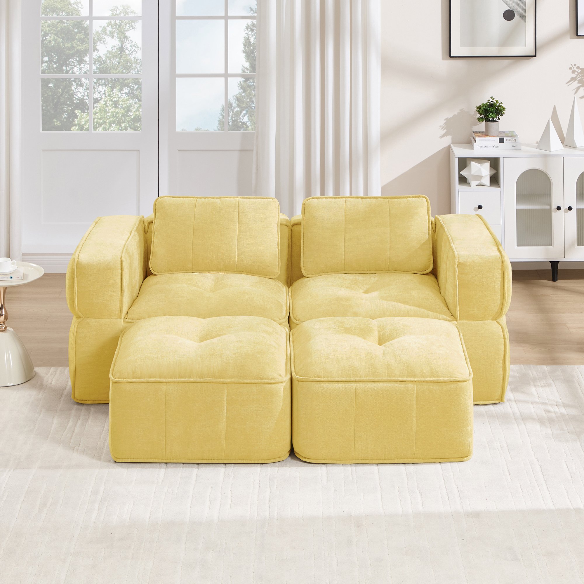 Canapé modulaire 2 places jaune en polyester avec deux poufs, assise profonde mousse 32D, sans montage requis pour le salon