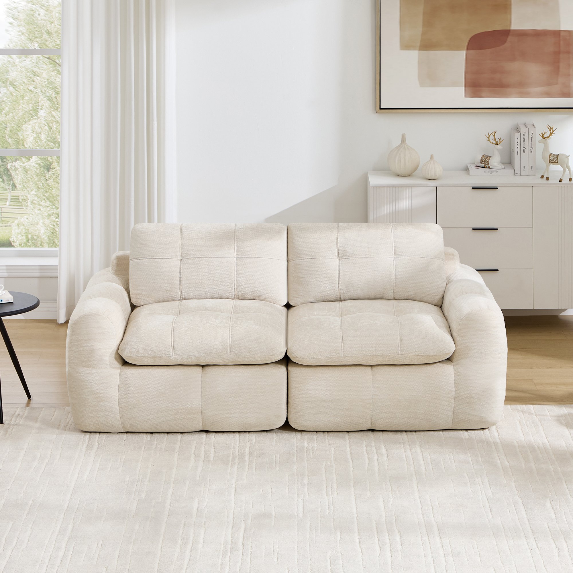 Canapé 2 places structure sans cadre en mousse 32D, revêtement chenille doux et durable, coussins rembourrés granulat polyester