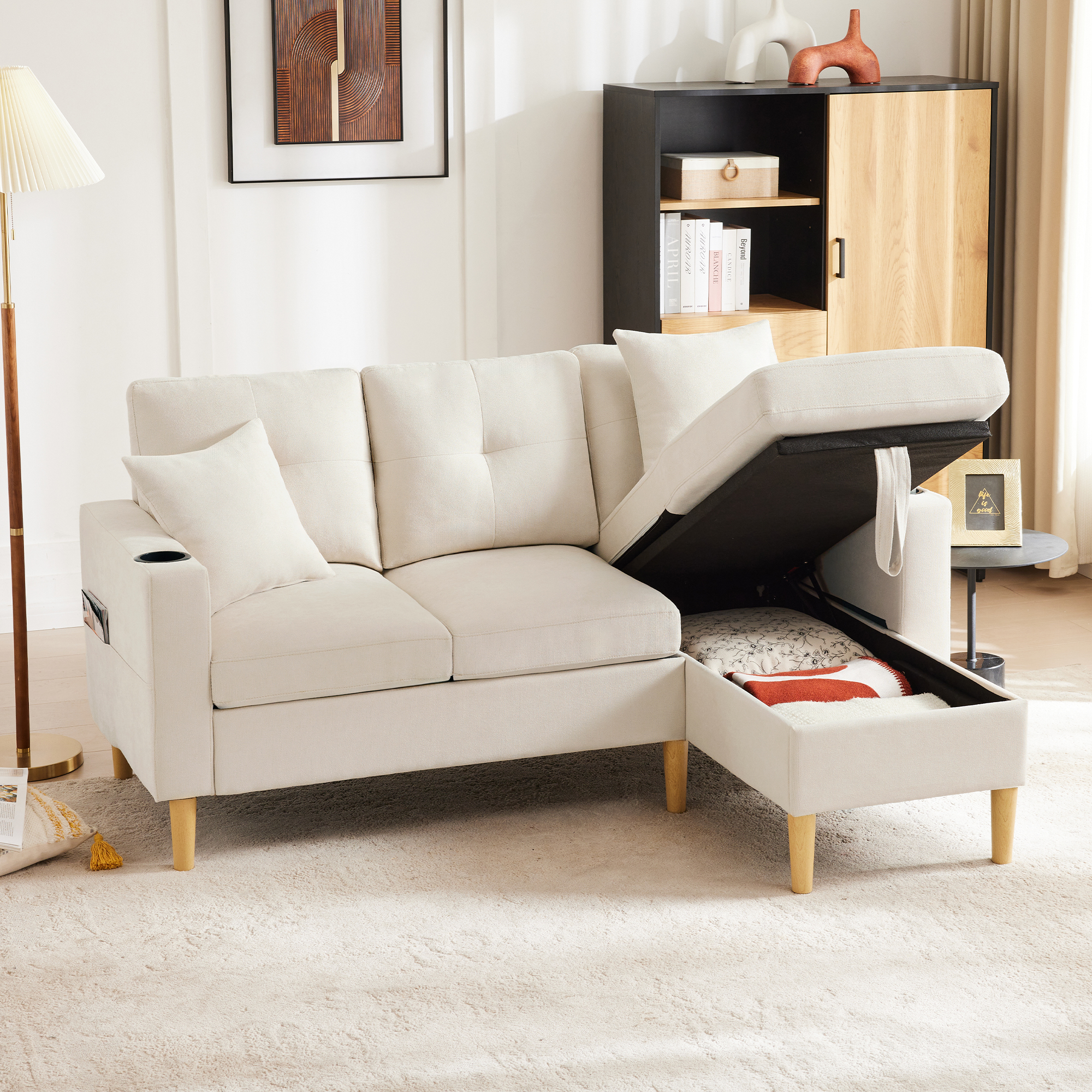 Canapé d'angle 3 places avec chaiselongue réversible, porte-gobelets et rangement sous assise