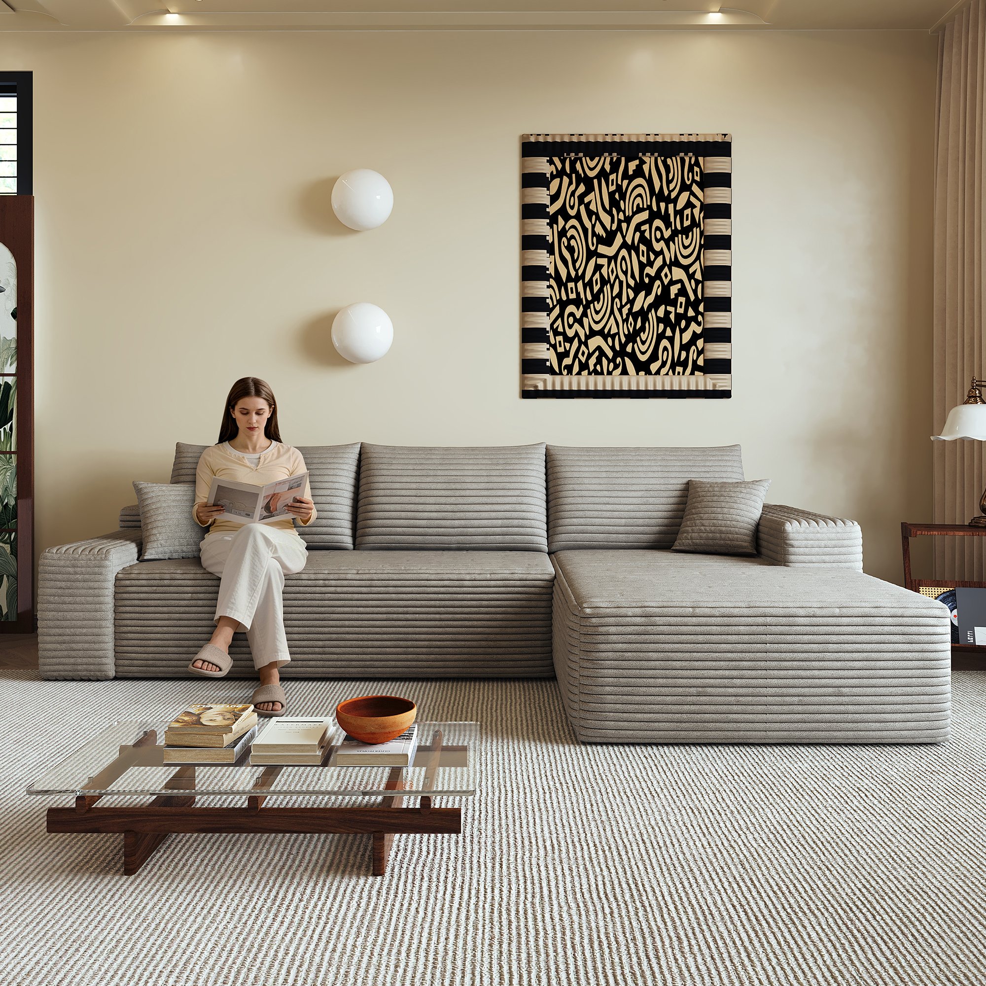 Canapé d'angle 270x175 cm en tissu côtelé Camel, structure modulaire sans montage, assise profonde et confortable pour le salon moderne.