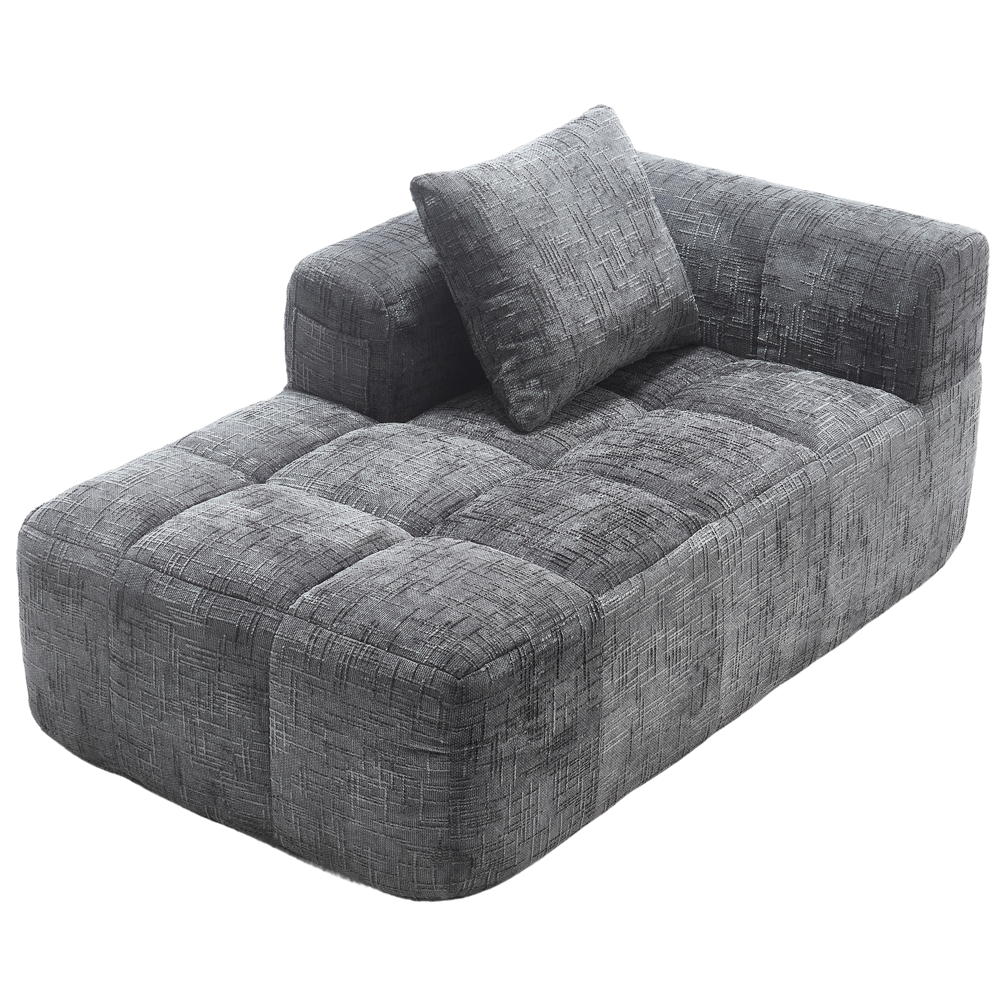 Canapé 2 places avec méridienne, poches latérales et coussin inclus, sans montage, en chenille gris