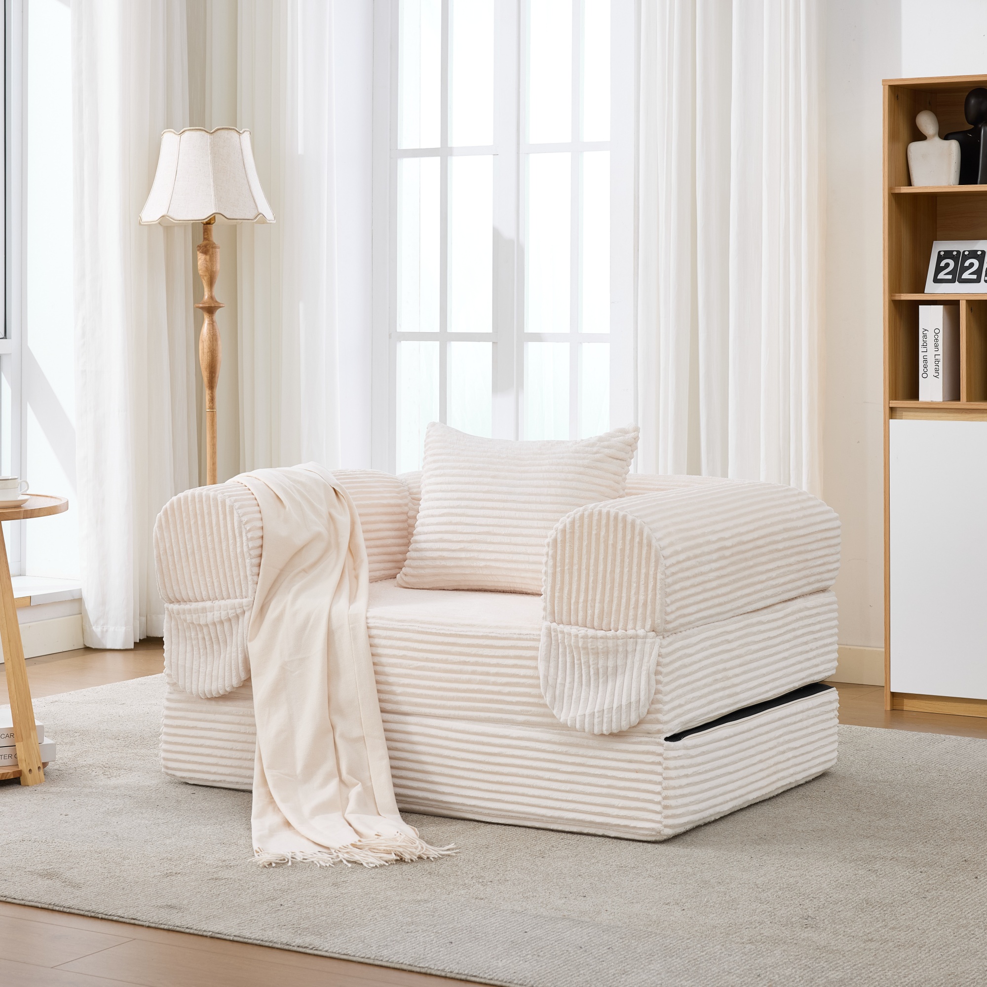 Fauteuil Convertible Lit Invité Beige Avec Tiroir Stockage Mousse Élastique Coussin Dossier