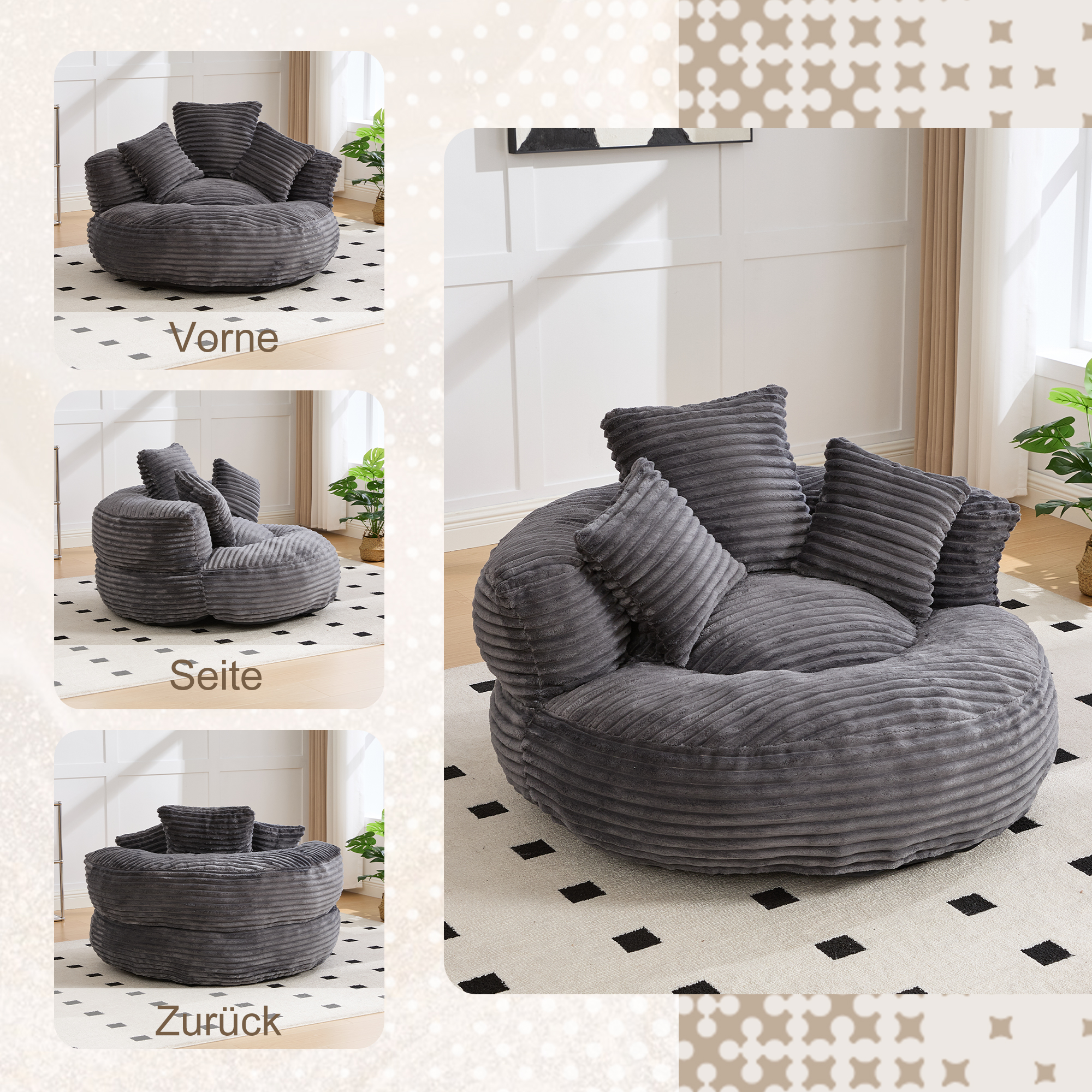Canapé cordon 108x108x52 cm avec haut dossier et trois coussins pour se détendre, lire ou faire une sieste