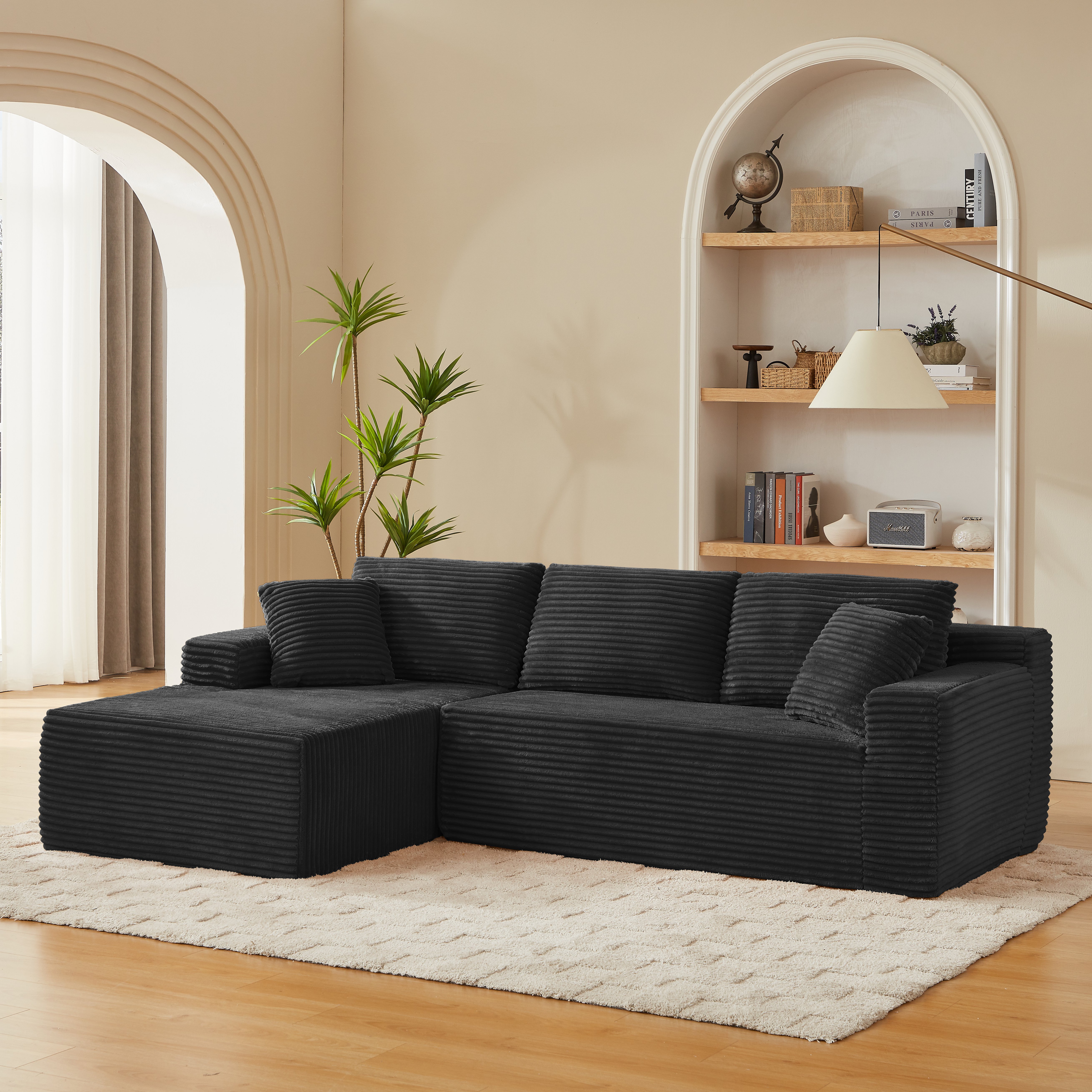 Canapé Modulable Noir Avec Méridienne Surdimensionnée Housse Lavable En Machine Confort Mousse à Mémoire de Forme Pour Salon Moderne
