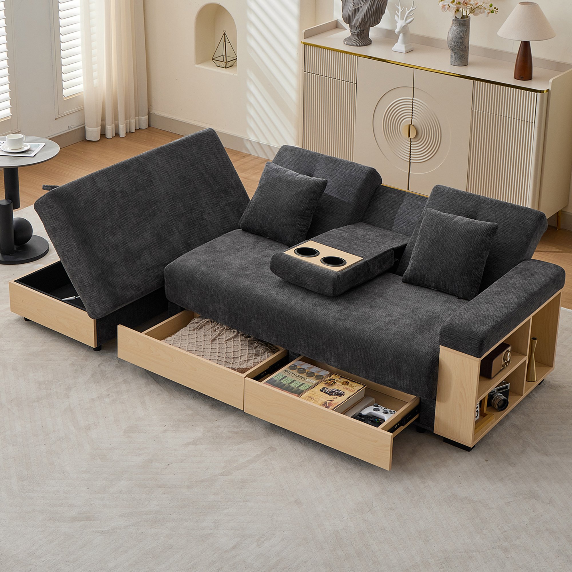 Canapé-lit avec rangement en tissu chenille gris 217x110x90cm, dossier réglable 3 positions, tiroirs et pouf coffre intégré