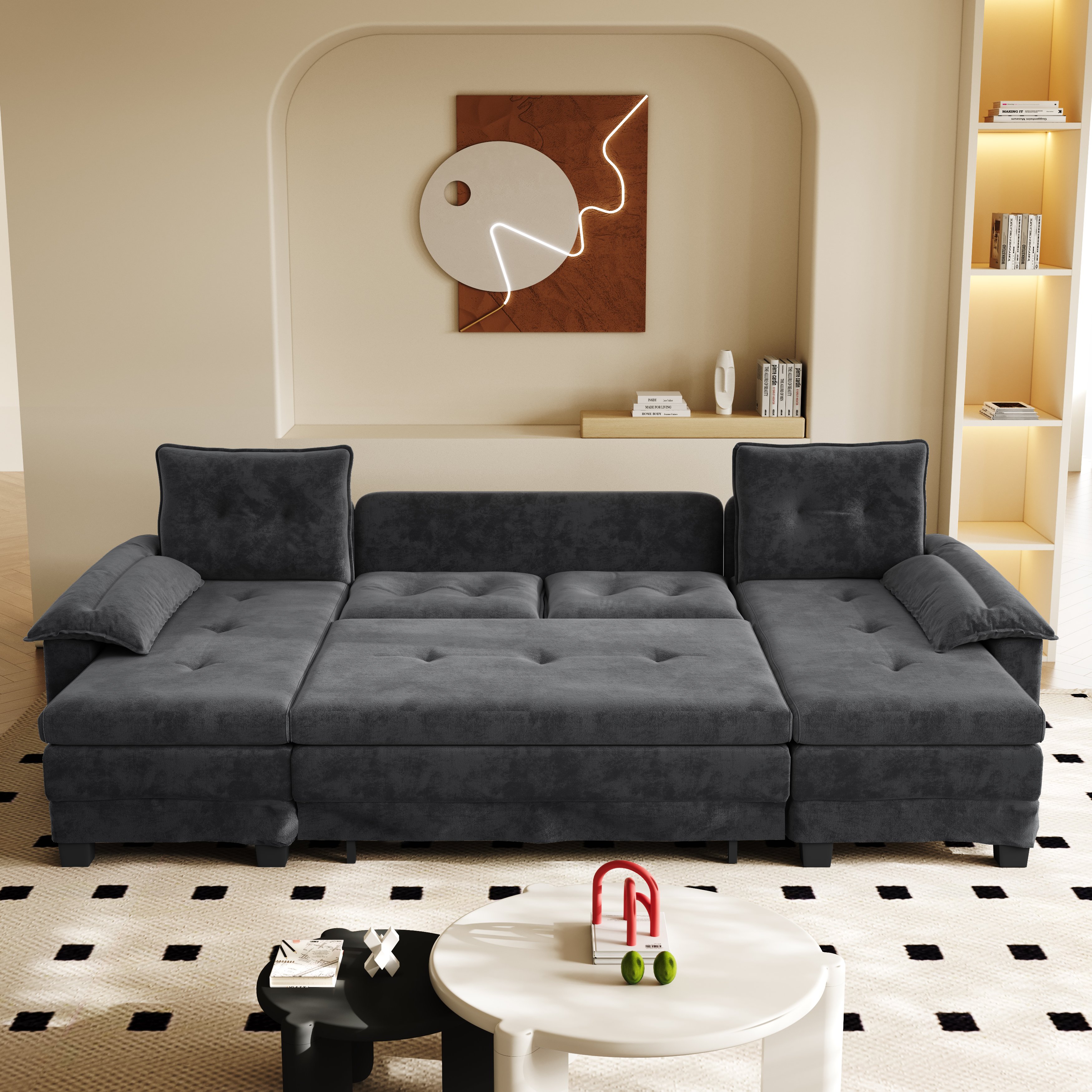 Fauteuil Salon Familial U Forme Chenille Gris Foncé Avec Lit Extra Large Et Chargeur USB Intégré