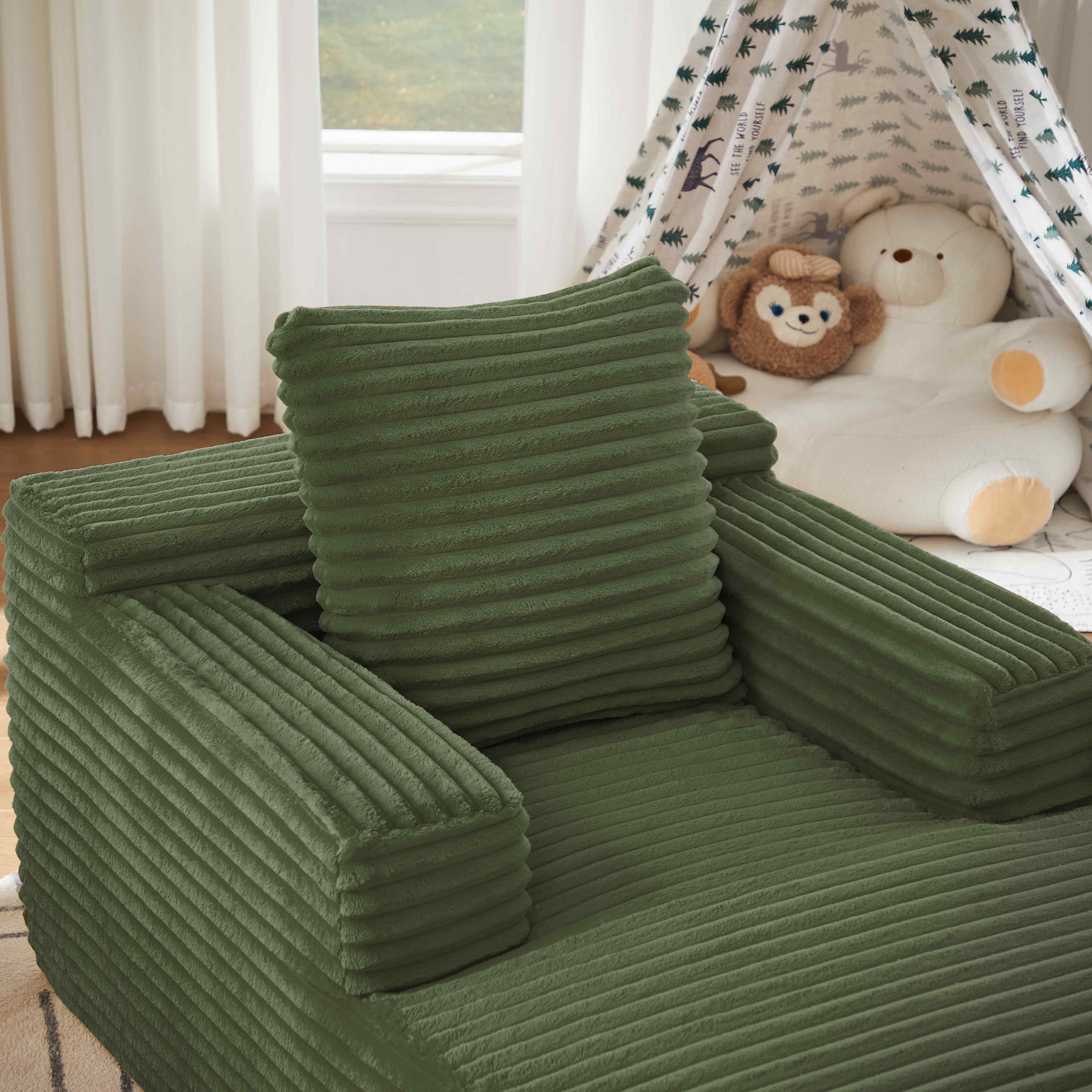 Chaise longue sans montage en velours côtelé vert, fauteuil relax moderne pour salon et bureau, coussin mousse haute densité, style contemporain élégant