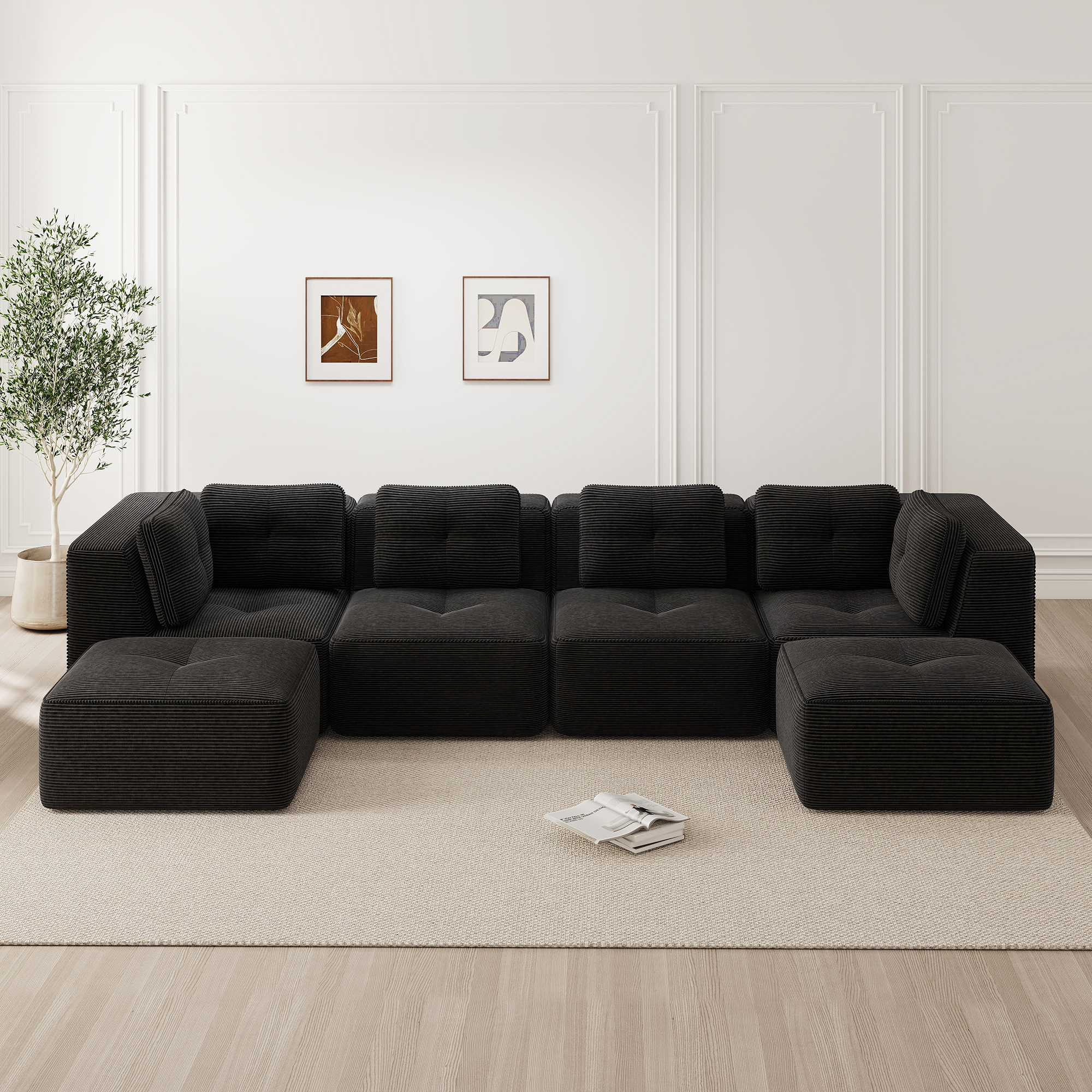 Canapé Modulable Noir Sans Cadre Avec Ottoman Confort Profond Antidérapant Salon Moderne Facile Assemblage