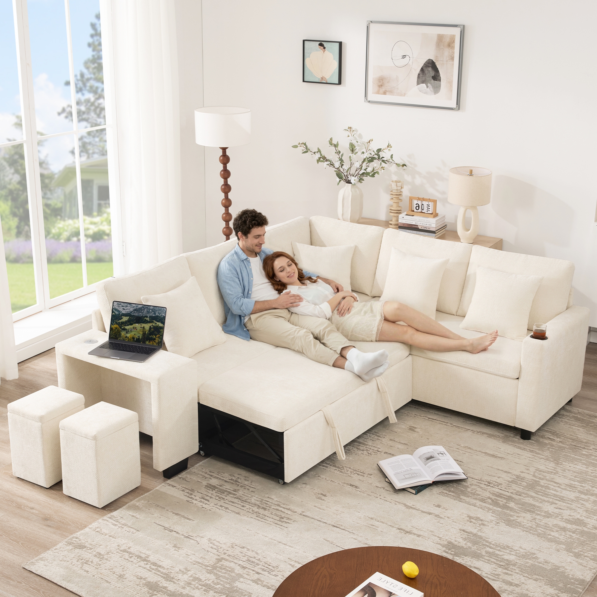 Canapé d'angle convertible 5 places avec coffre, méridienne réversible et prises USB et USB-C