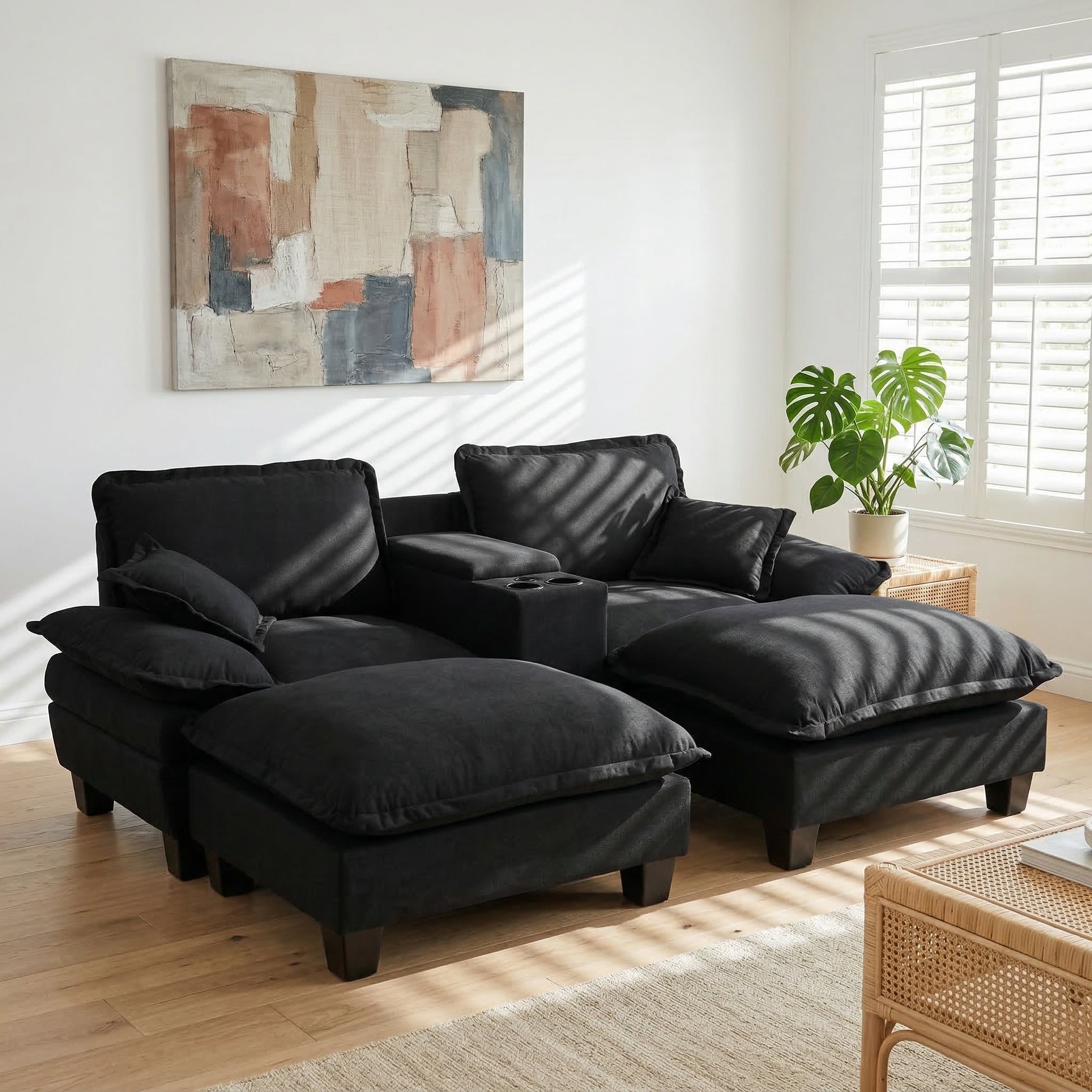 Canapé Modulable Noir en Chenille avec Rangement et USB, Design Moderne pour Salon et Appartement, 224x151x90 cm