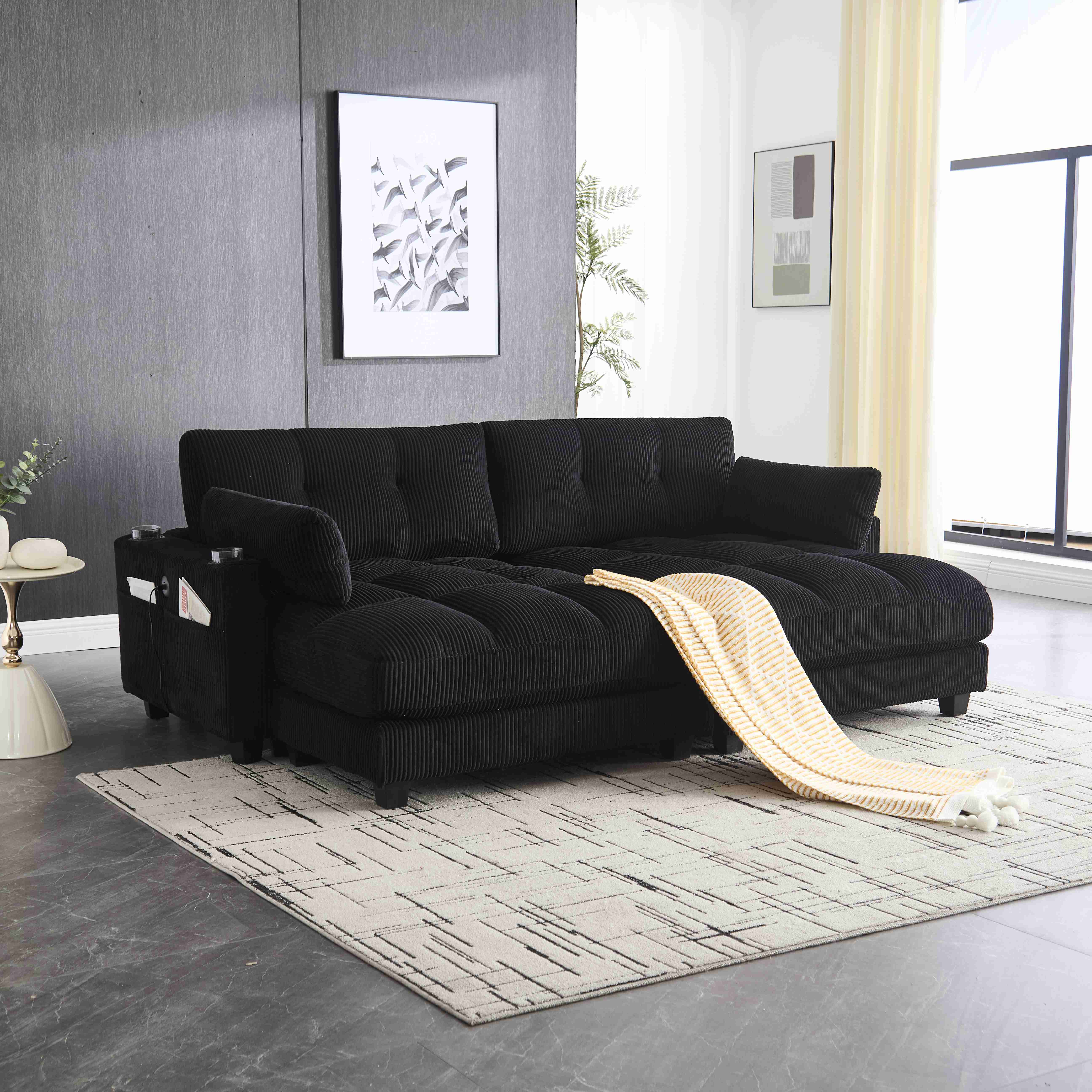 Canapé 2 places noir en corduroy, modulable en deux fauteuils, avec 4 porte-gobelets, 4 poches latérales et ports USB sur les accoudoirs