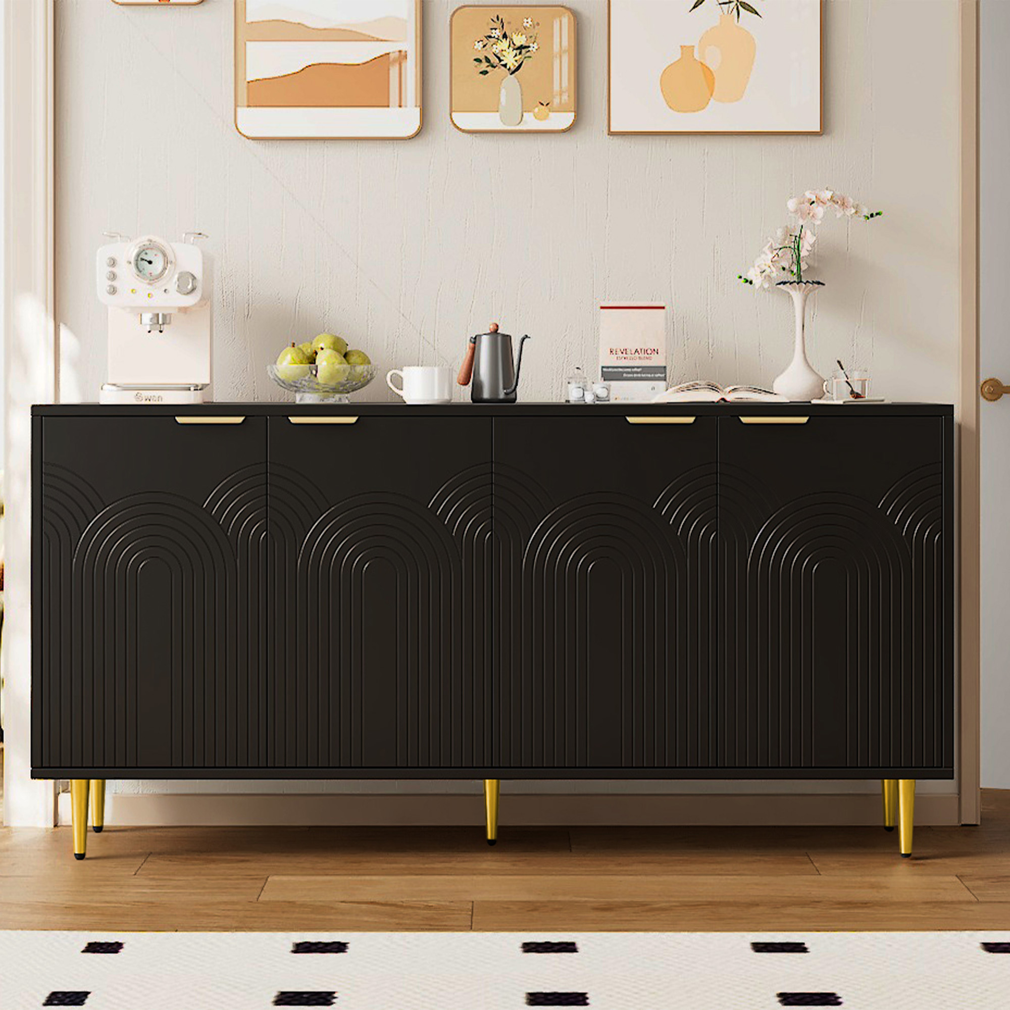 Buffet Noir Design Contemporain 4 Portes Avec Charnières Silencieuses Et Poignées Brossées Or 160 Cm