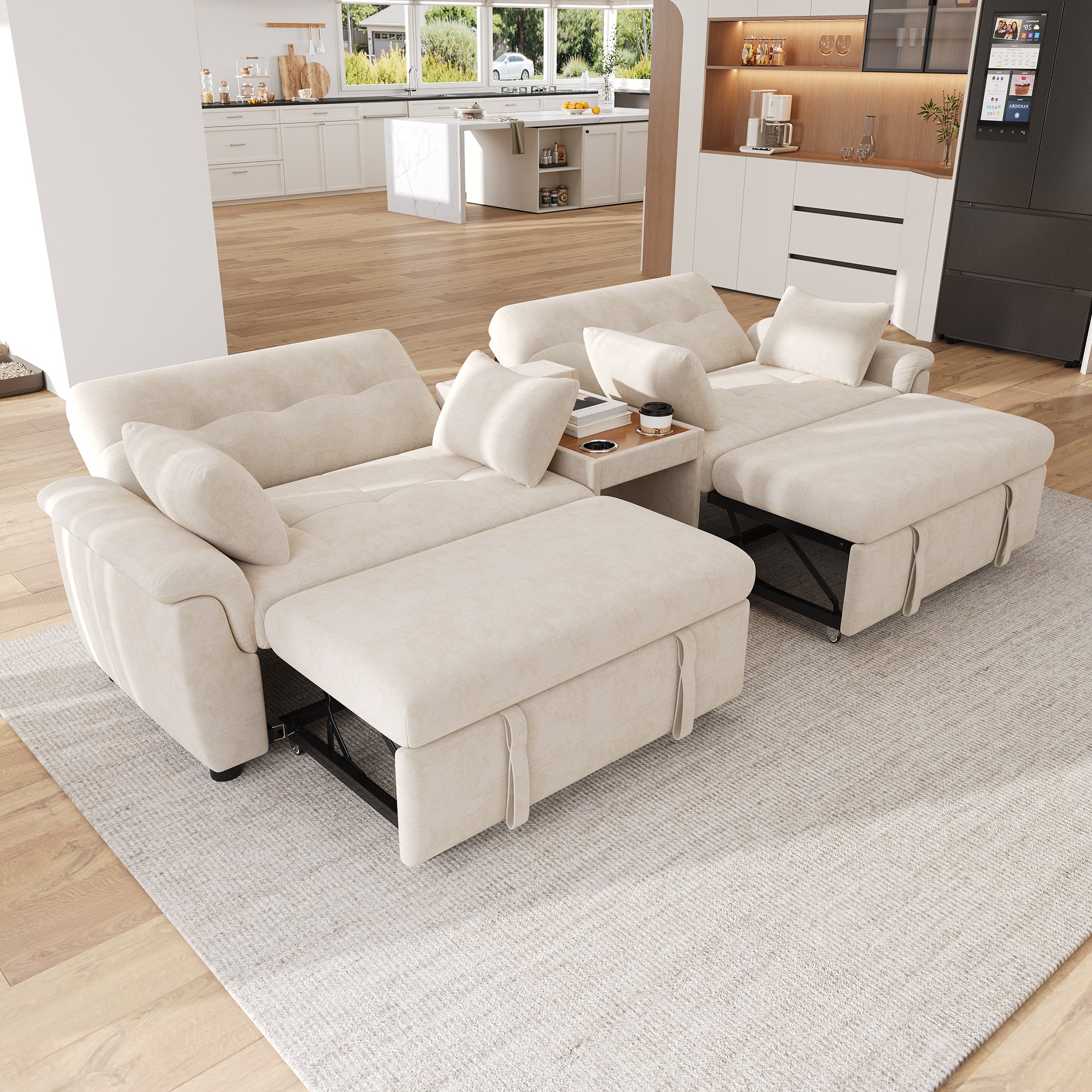 Canapé-lit en U beige chenille 284x138cm avec double couchage extensible, dossier réglable domestiques