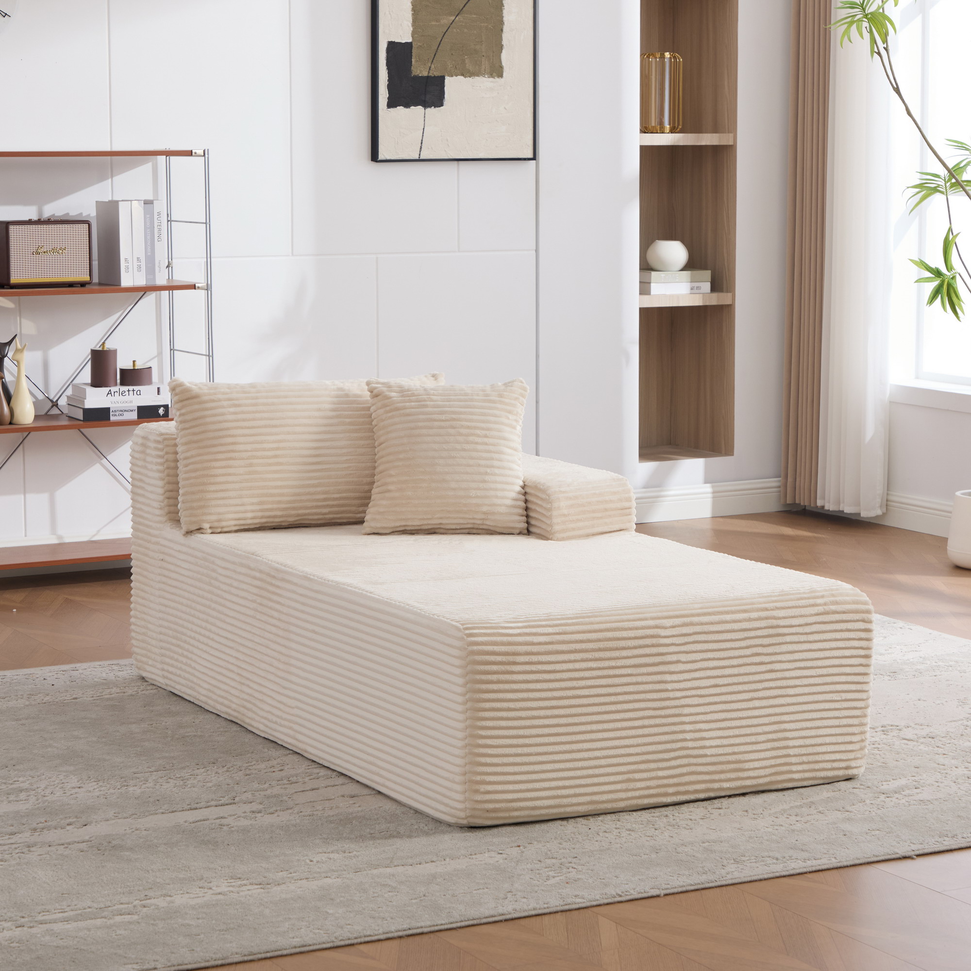 Méridienne Modulable Salon Contemporain en Tissu Chenille Beige avec Fonction Allongeur Confortable