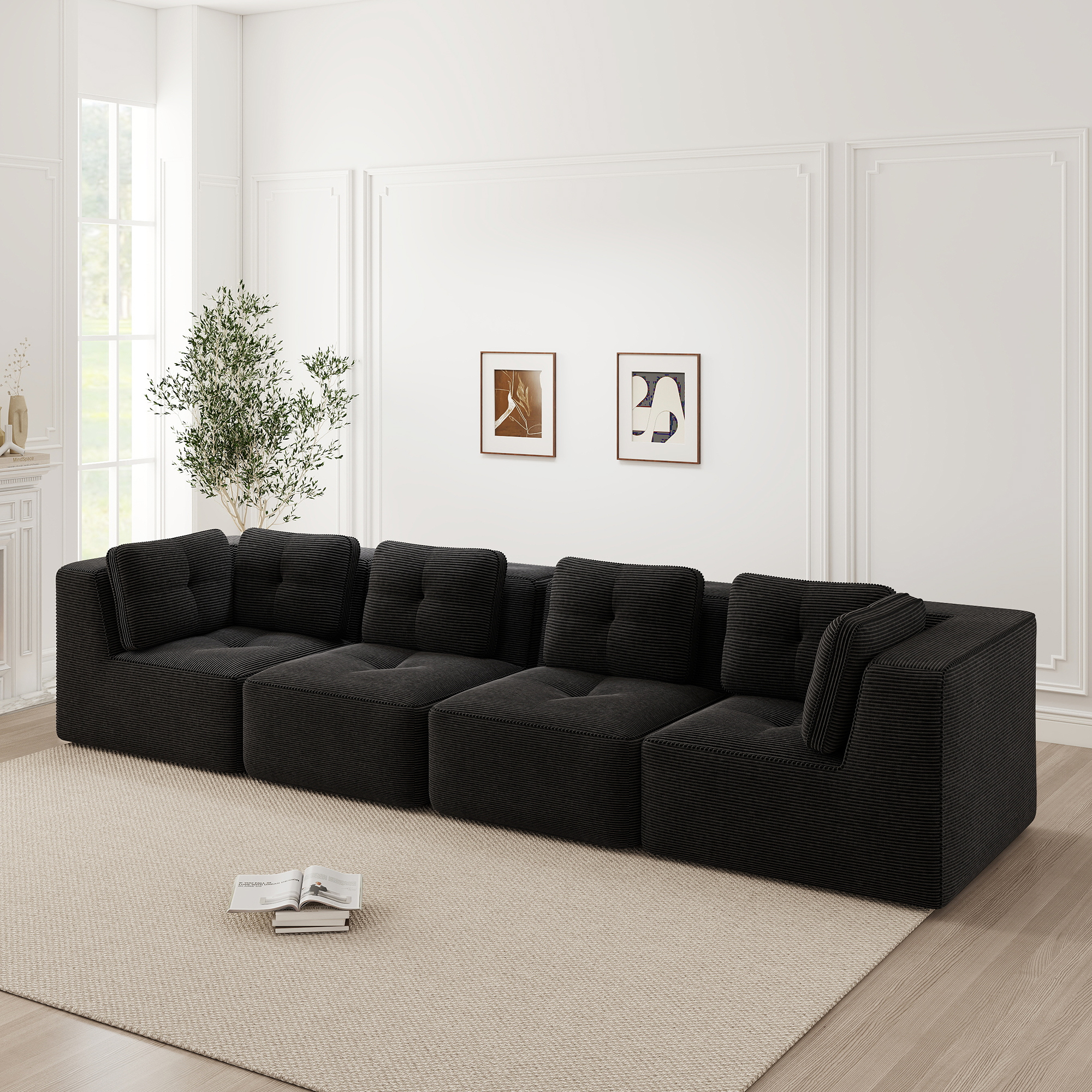 Canapé Modulable 4 Places Noir, Dimensions 386x104x69 cm, Profondeur de Siège 74 cm, Design Minimaliste Moderne pour Grand Salon