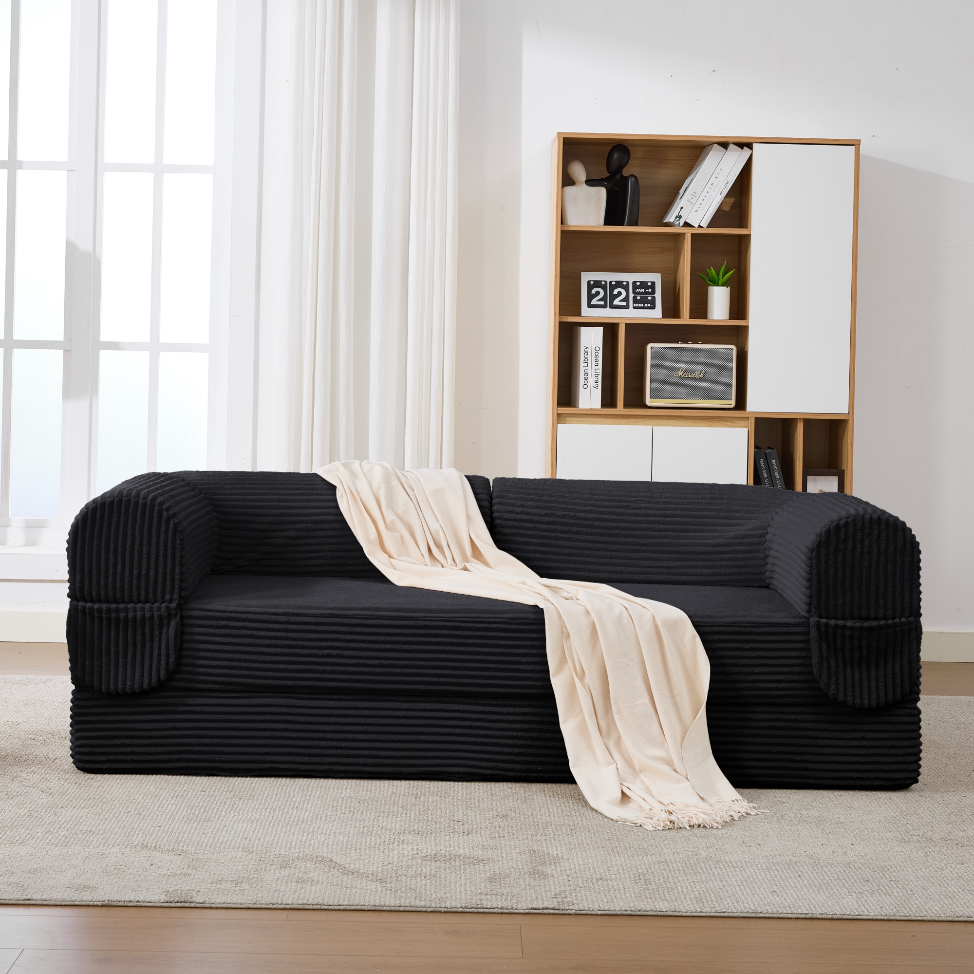Canapé Droit 2 Places Noir - Canapé Lit Convertible avec Rangement Intégré et Tissu Côtelé