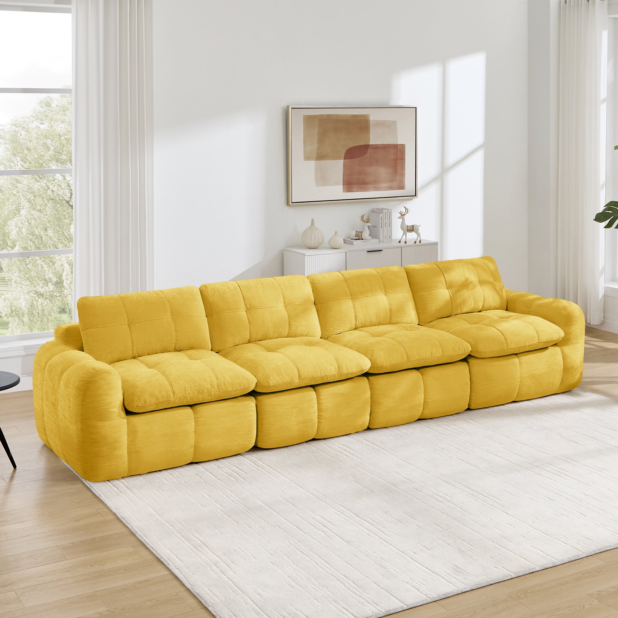 Canapé modulable sans cadre 4 places en chenille jaune avec mousse 32D haute densité pour salon et appartement