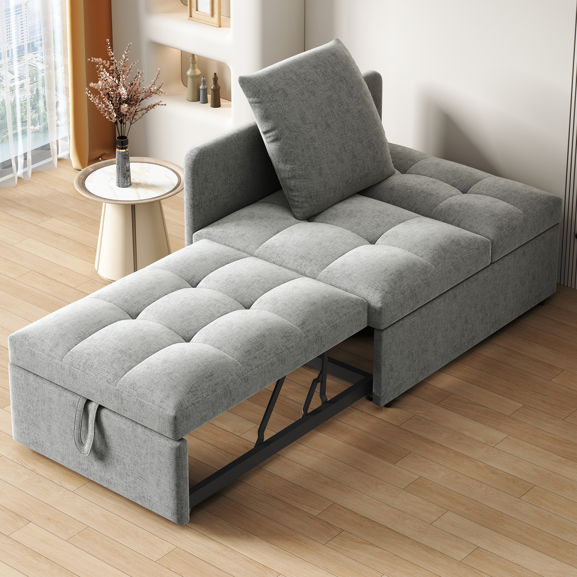 Lit avec rangement 177x68x65 cm en lin gris avec structure métal et bois et tiroirs intégrés sous le couchage
